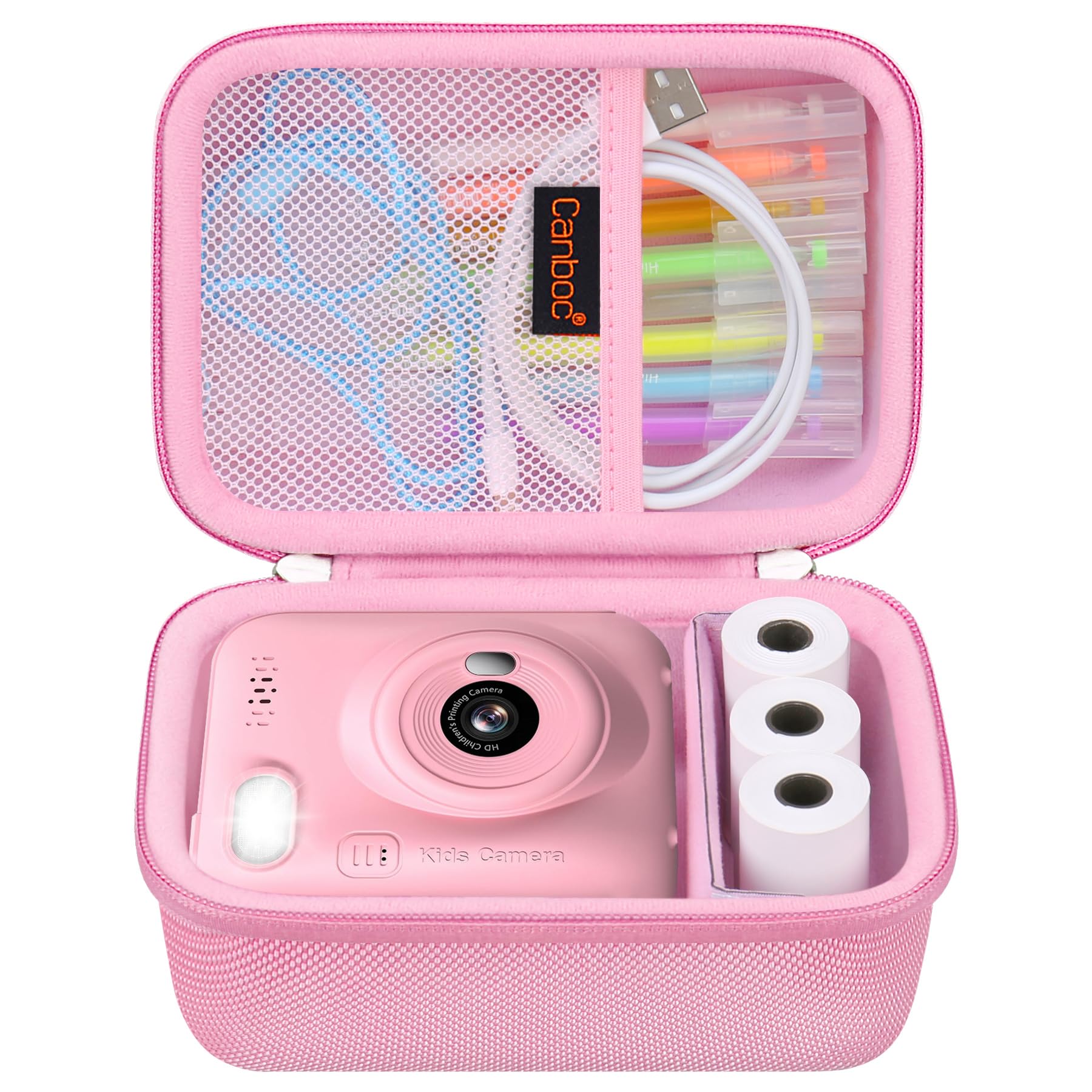 Canboc Instant Print Camera Case - Pink, Cartoon Pattern, Mesh Pocket, Zipper Closure, Portable Handle, 5.81 x 4.75 x 3.66 Inches