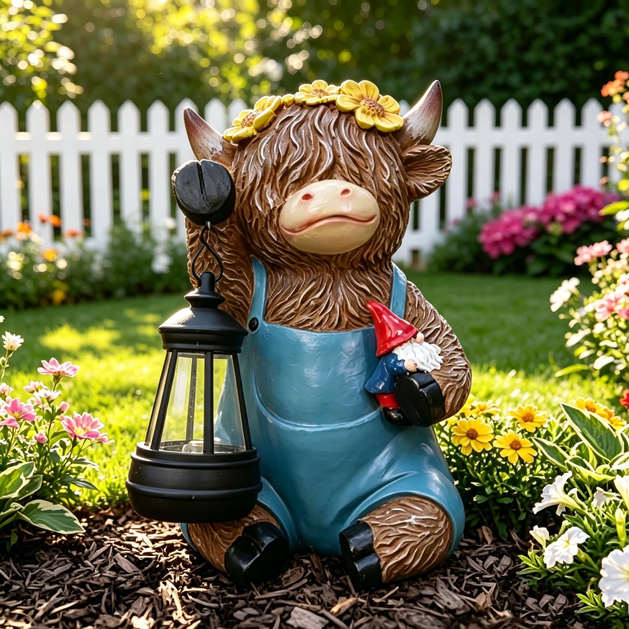 lifemet Solar Garden Ornaments Outdoor Highland Cow Statue - Solar Lantern Lights Cows Figurine Garden Decor, Resin Animal Sculptures Yard Decorations, Gifts for Women, Mom