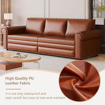 Tmsan 93.7 King Pull Out Sofa Bed, 3 in 1 Convertible Sleeper Sofa, 3 Seat Couch with Nailhead Trim & Rolled Arm for Living Room, Apartment, Office, Brown PU Leather