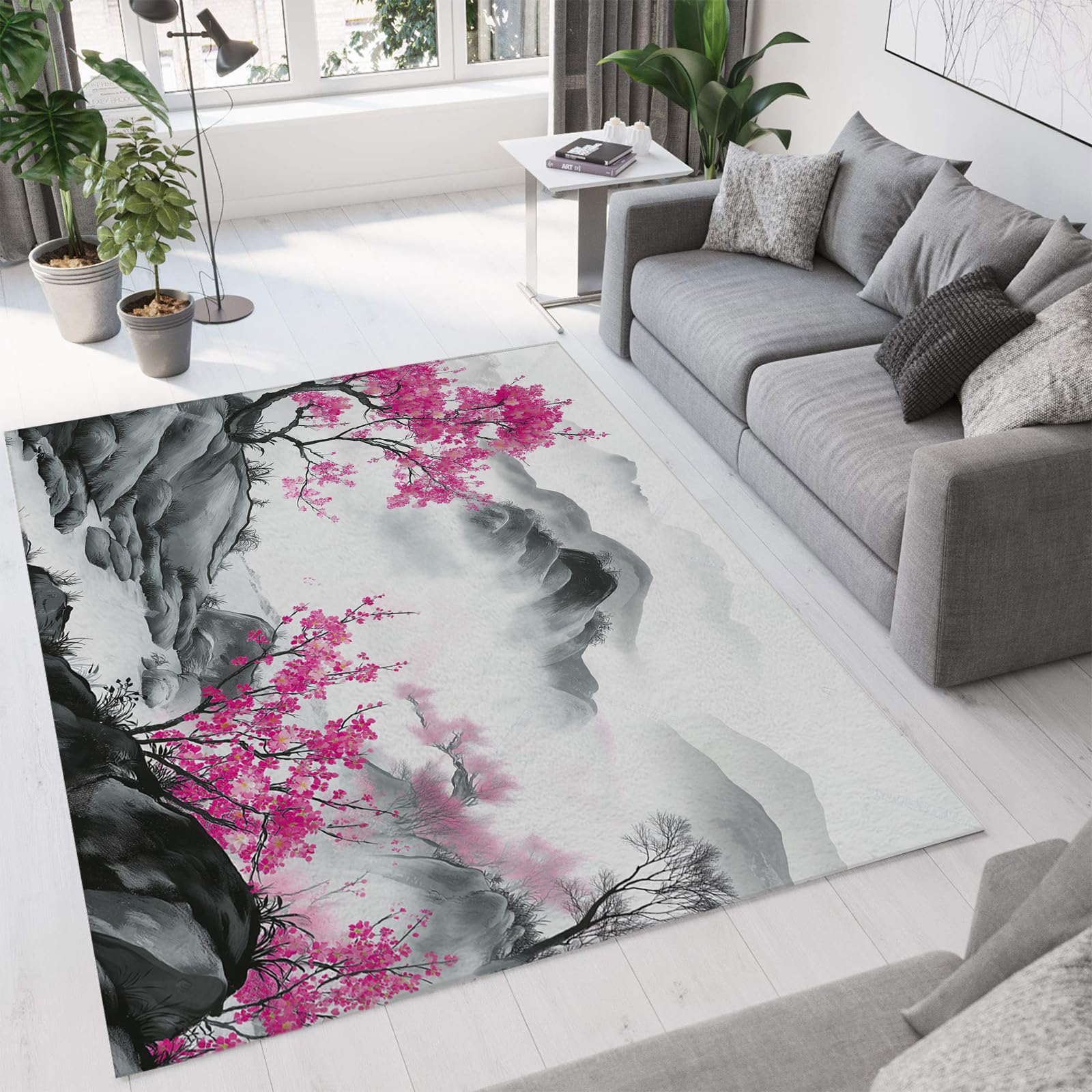 Tapis de sol salon rochers fleurs de pêcher doux poil ras rose chambre 60x90cm