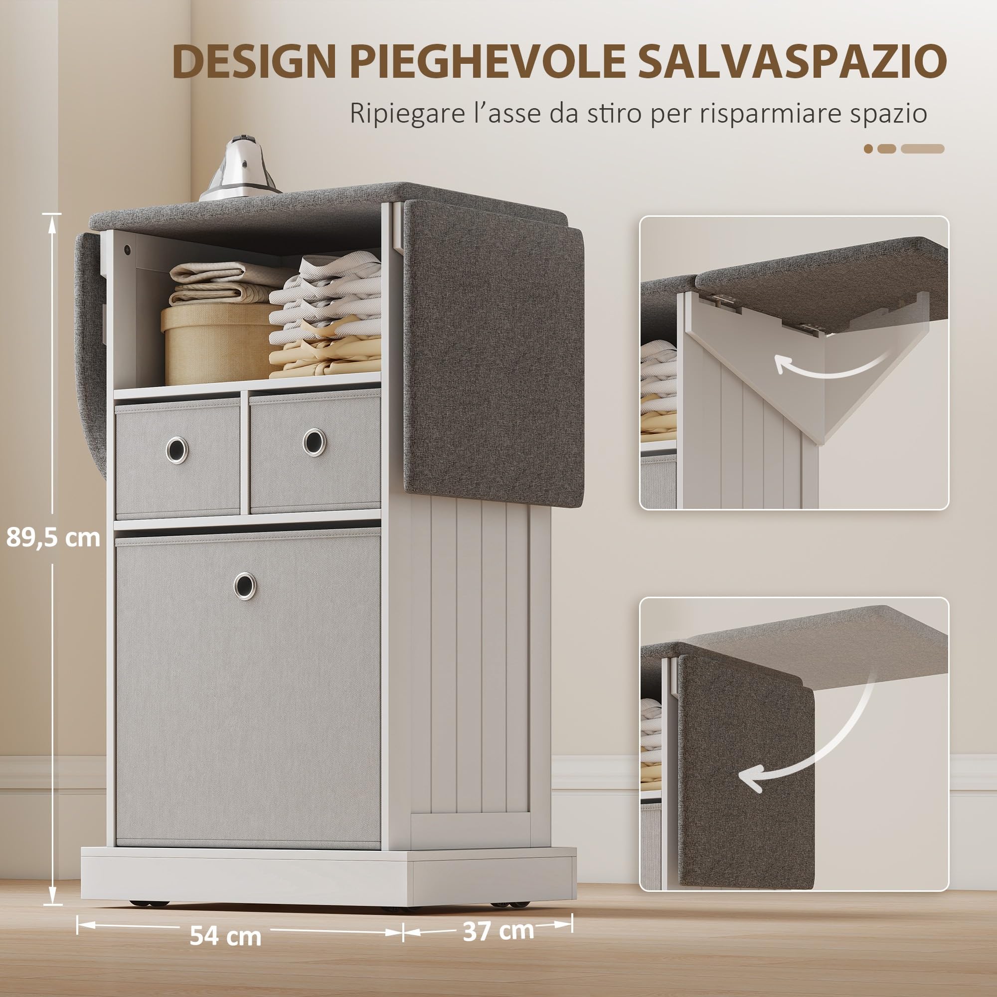 HOMCOM Mobile Asse da Stiro Pieghevole Salvaspazio, Mobile da Stiro Multiuso con 3 Cassetti in Tessuto Effetto Lino, Ruote a Freno, Ripiano Aperto, per Lavanderia e Bagno, 121x37x89.5 cm, Bianco