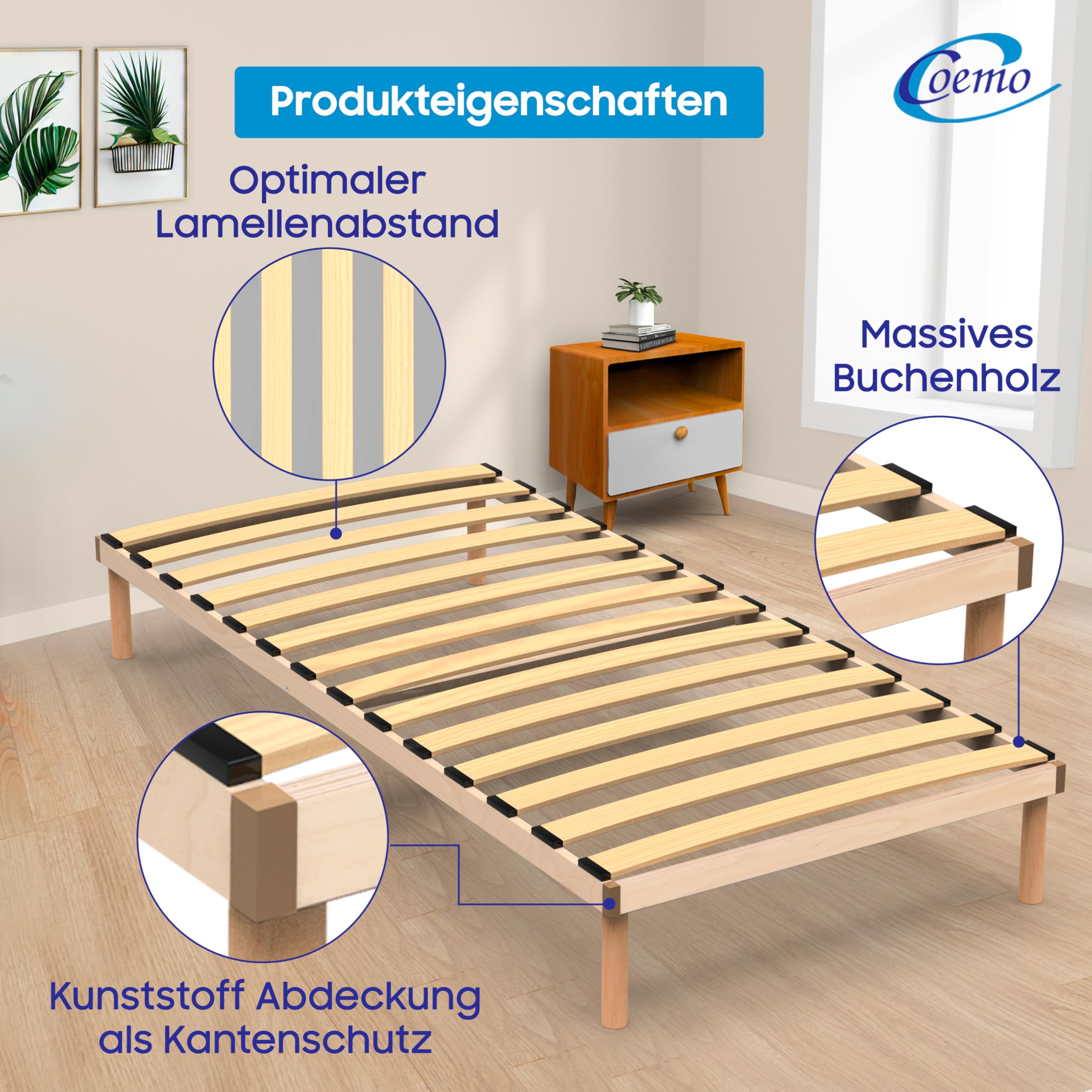 Coemo Pyxis Bettgestell 90x200 mit integriertem Lattenrost - Elegantes Design, Massivholz Buche, Platzsparend, Hohe Belastbarkeit, Einfache Montage