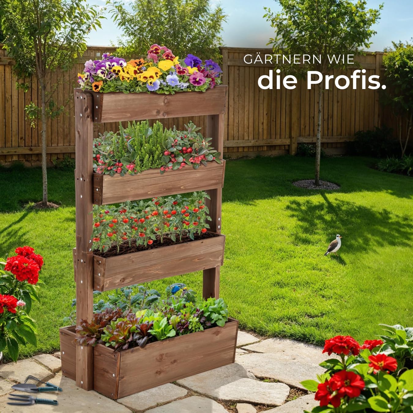 tectake® Vertikalbeet mit 4 Etagen, Hochbeet aus Holz, Pflanztreppe, Hochbeet Balkon, Blumenbeet, Kräuterbeet, Gemüsebeet, Pflanzenregal, Blumenkasten Holz mit Pflanzvlies - braun, 85 x 45 x 140 cm