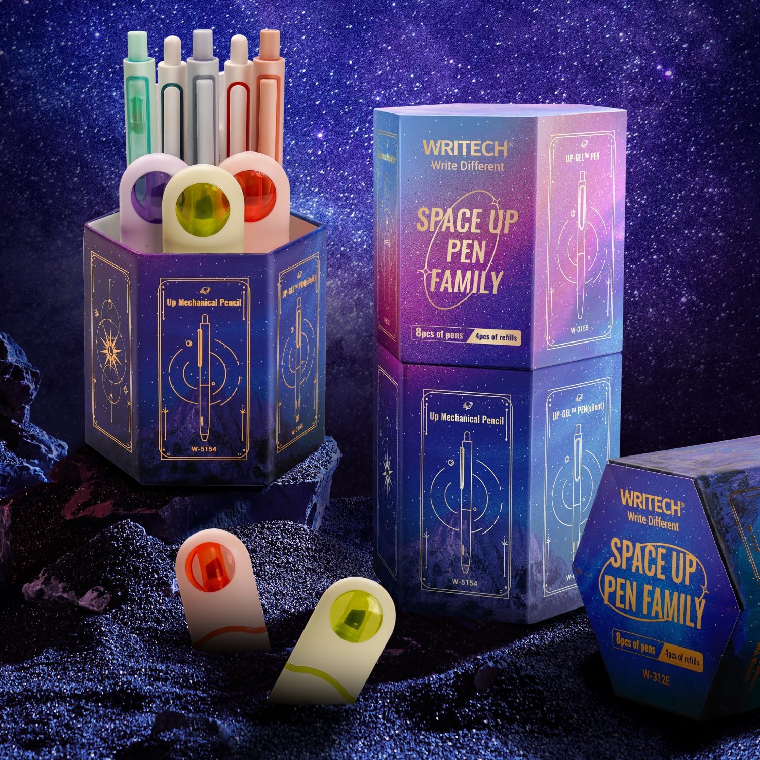WRITECHJournaling Gel Pen Highlighter: 4 Retractable Gel Pens 0.5mm Black Blue Red Ink Color with 4 Refills and 3 Soft Tip Pastel Highlighters No Bleed and 1 Mechanical Pencil 0.7mm Space Up Gift Set