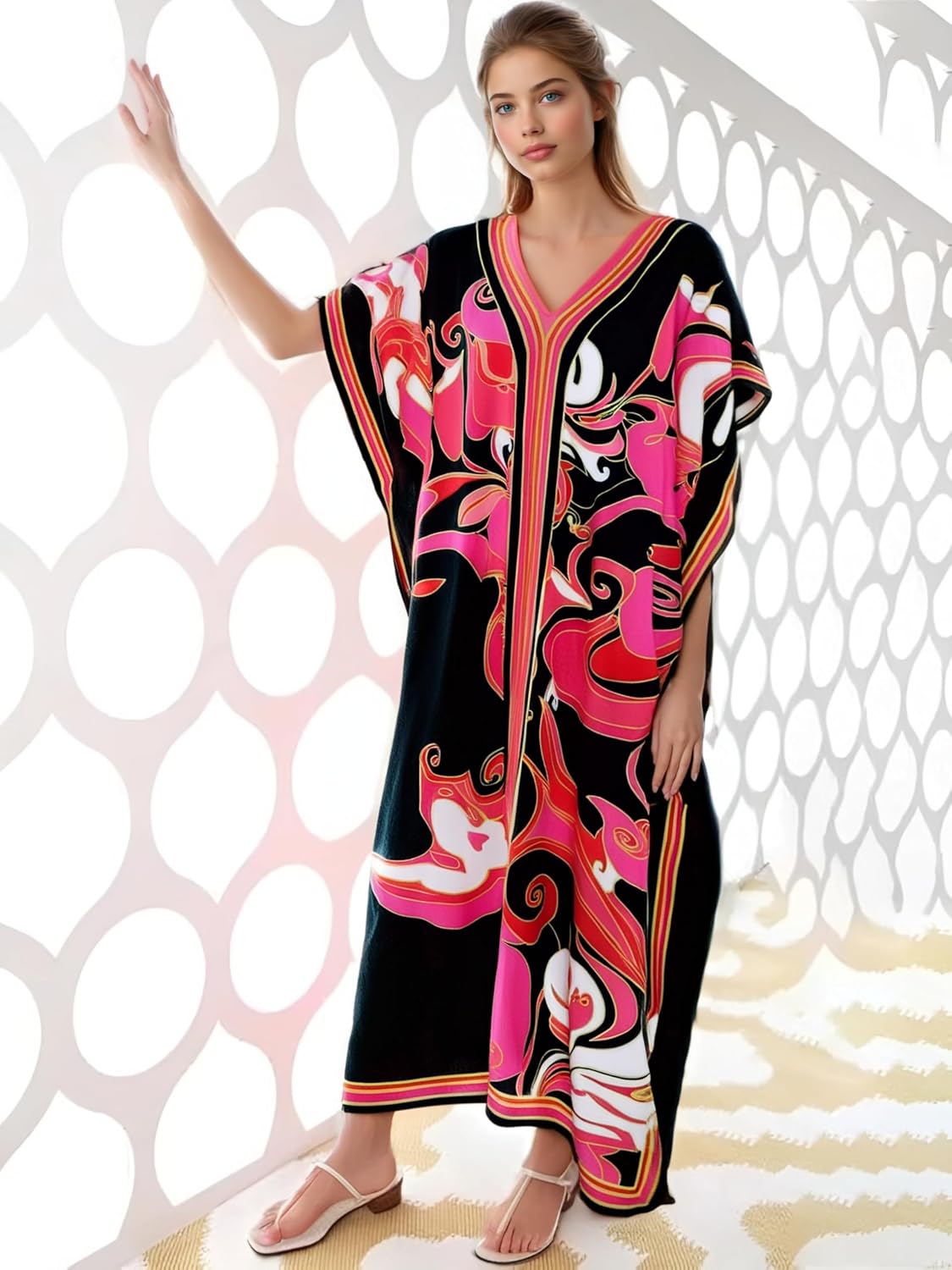 Cashew Flower Silk Caftan Women Vneck beach Cover up Caftans Loose Plus Size Floral Print Side Split Kaftan Dresses