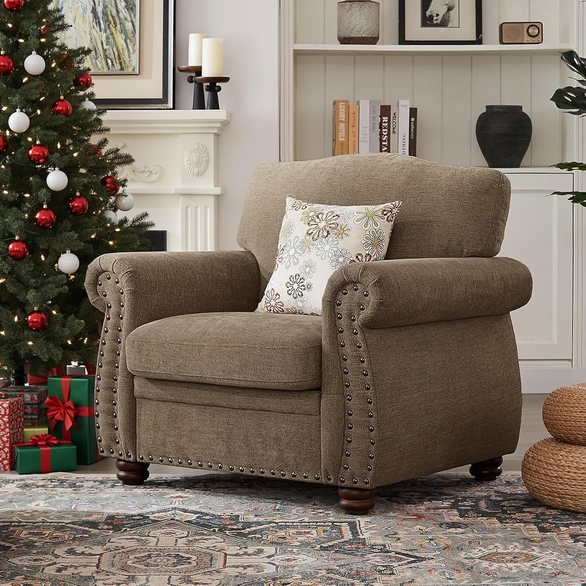 Nailhead Trim Armchair, Rolled Arm Accent Chair,Chenille Sofa Chair | Comfy Sofa Chair for Living Room, Springs Cushions & Wood Leg, Traditional Single Couch Chair for Apartment, Farmhouse, Brown