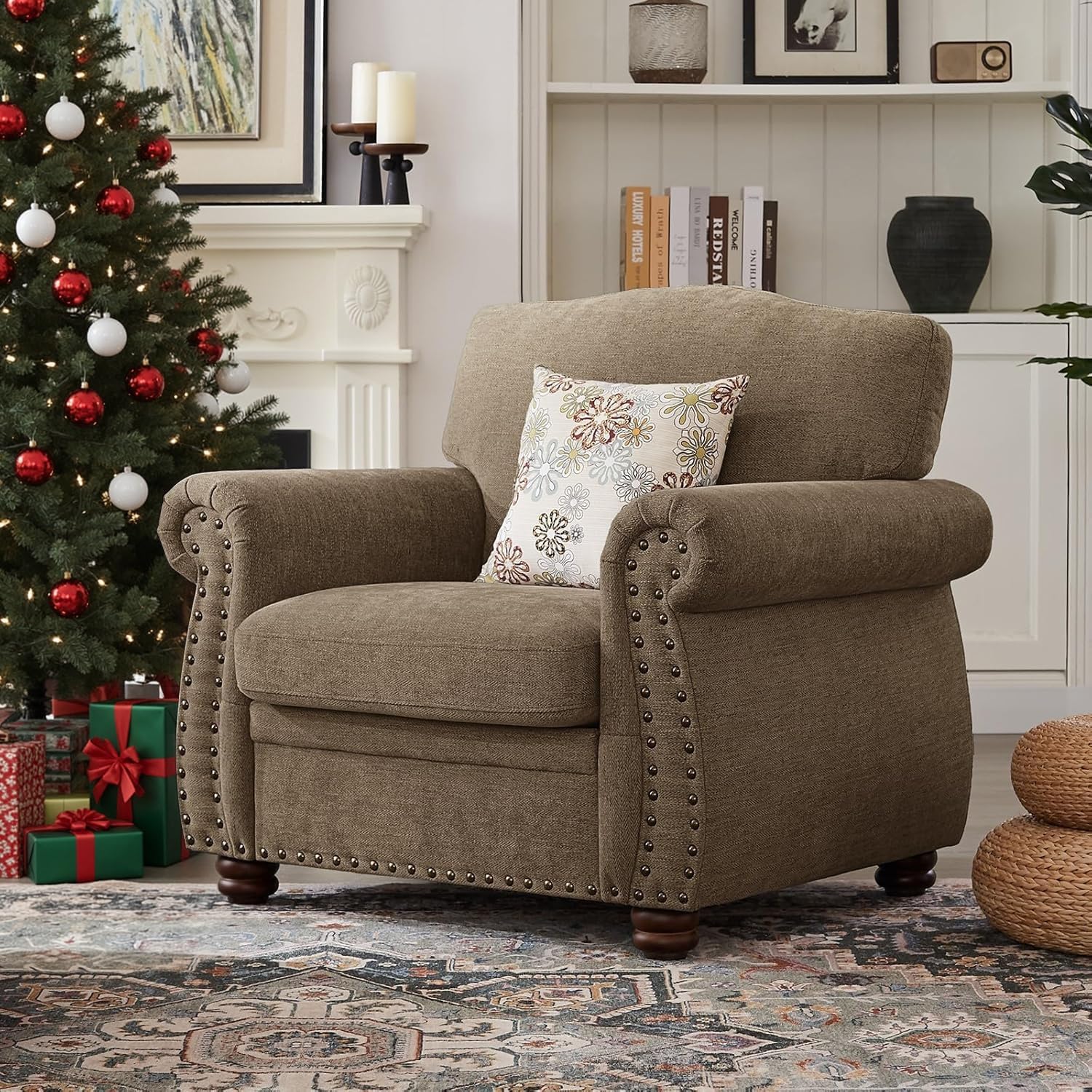 ONBRILL Nailhead Trim Armchair, Rolled Arm Accent Chair for Living Room, Comfy Chenille Club Sofa Chair w/Springs Cushions & Wood Legs, Traditional Single Couch Chair for Apartment, Farmhouse, Brown