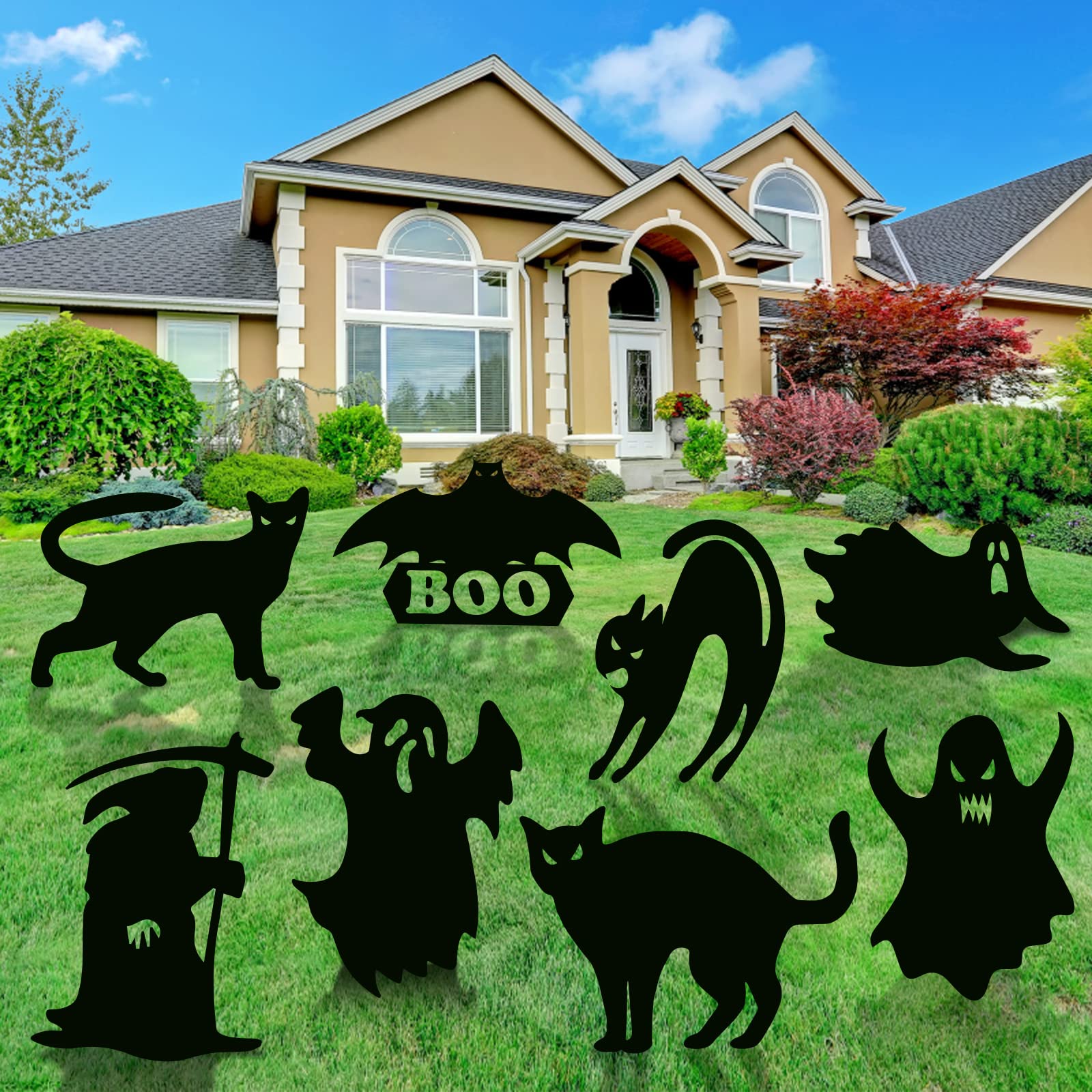 8 Pcs Outdoor Halloween Decorations Yard Signs with Stakes, Bat, Grim Reaper, Ghost Black Cat Halloween yard decor, Waterproof Scary Silhouette Halloween Sign for Front Yard Lawn Garden