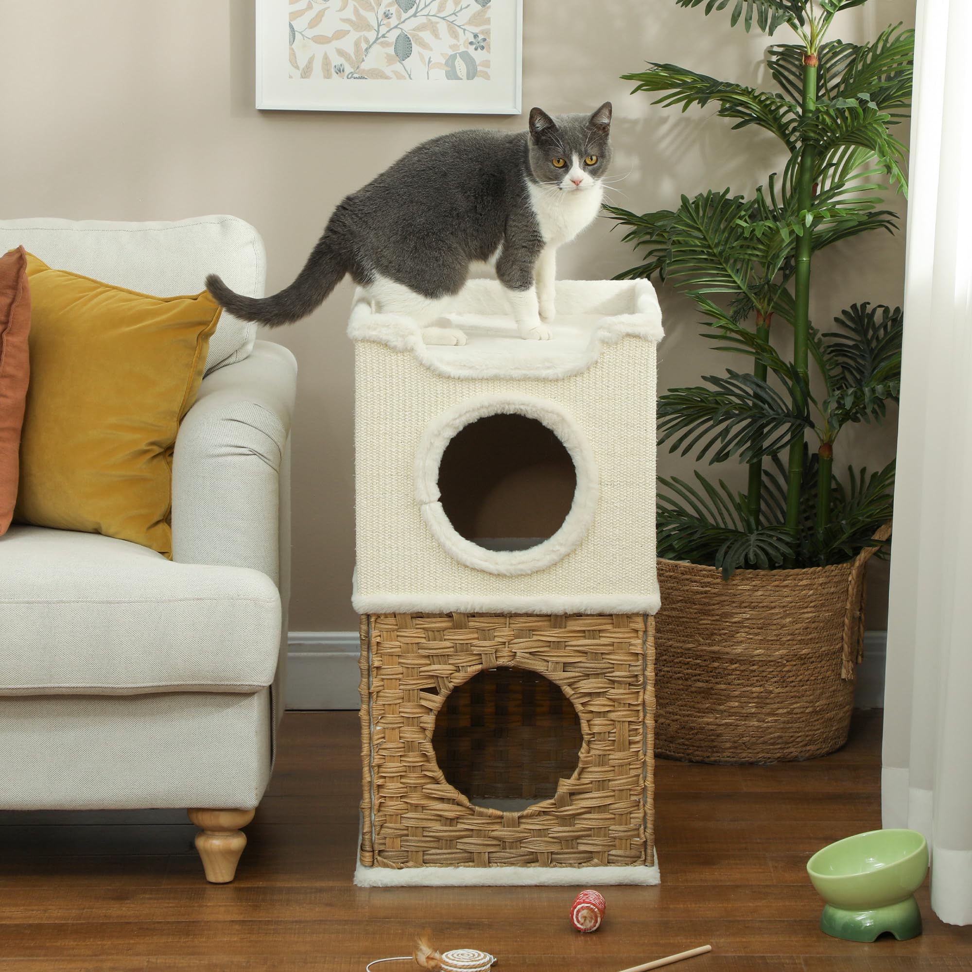 PawHut Niche pour Chat d'intérieur à 3 Niveaux avec Plateau supérieur Ouvert, Tour pour Chat, tonneau à gratter en sisal pour Animaux jusqu'à 6 kg, 41 x 41 x 75,5 cm, crème