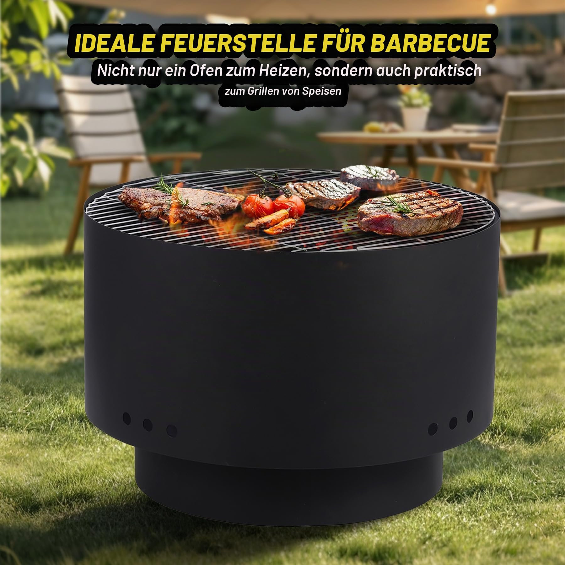 Feuerschale mit Grillrost, Ø60cm Feuerkorb mit Funkenschutz, Groß Feuertonne für den Garten mit Schürhaken & Tragetasche, Solide Holz & Kohle Feuerstelle inkl. für Outdoor BBQ Heizung 66x66x60cm