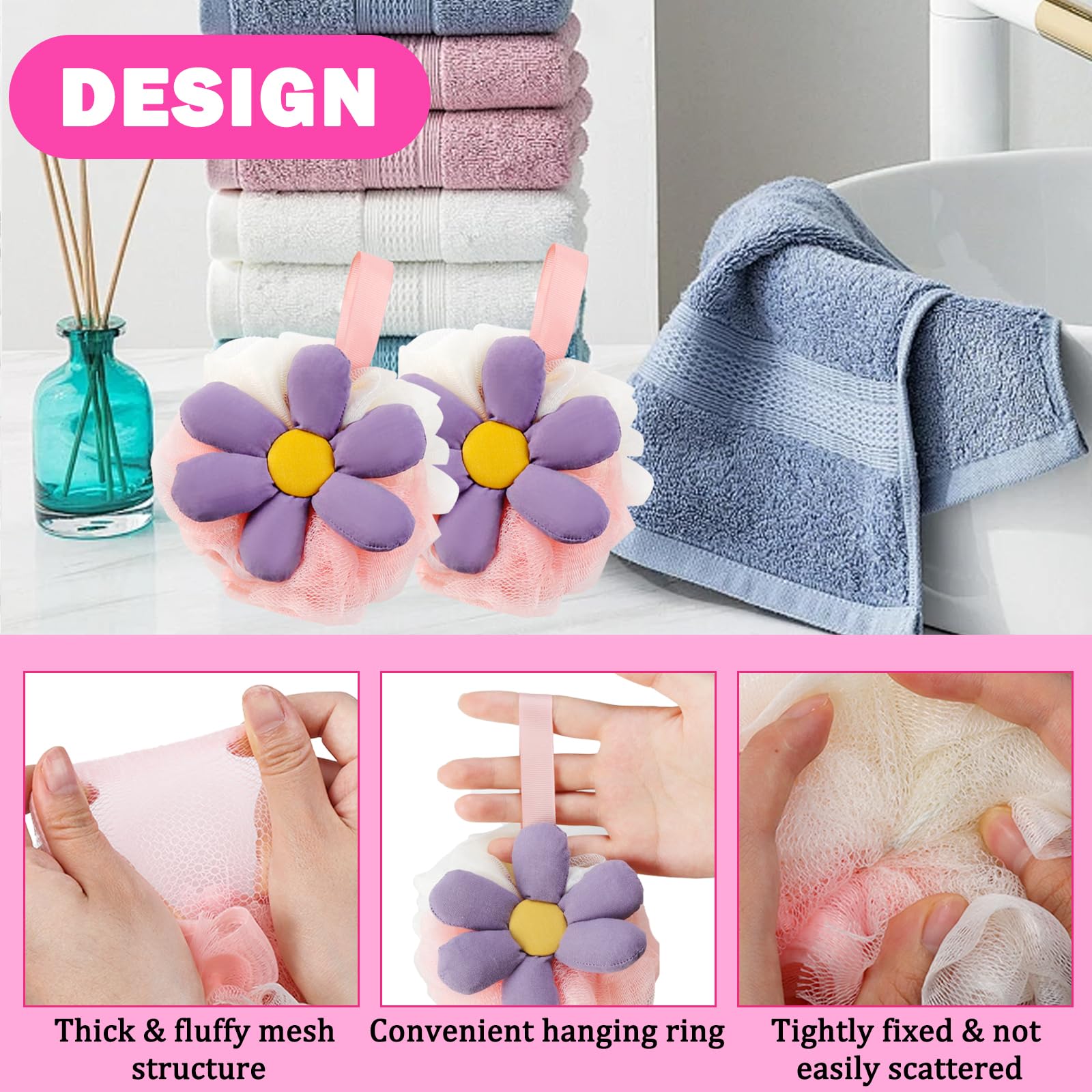 2 esponjas de baño de flores bonitas de malla de lufa, esponja exfoliante para mujer, esponja de ducha suave para piel sensible en accesorios de baño de belleza