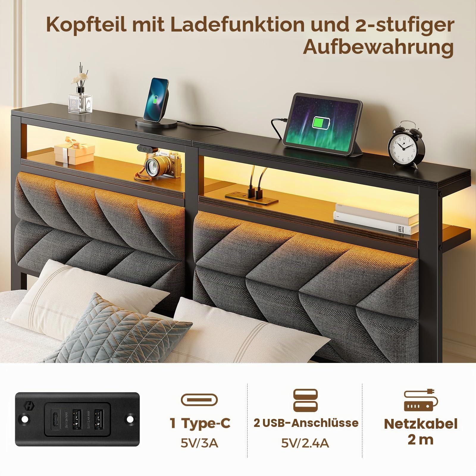 Seventable Bett 140x200 mit LED, Ladestation (2 USB-Anschlüsse & 1 Typ-C-Anschluss), Metallbett mit Gepolstertem Kopfteil & Stauraum, Doppelbett für Schlafzimmer