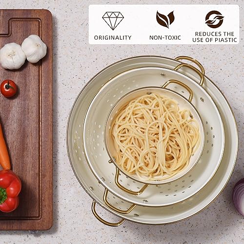 Miniatura 4 de Juego de 3 coladores de metal, cesta coladora con asas, perfecto para espaguetis, pasta, bayas, verduras, frutas, base sólida con recubrimiento