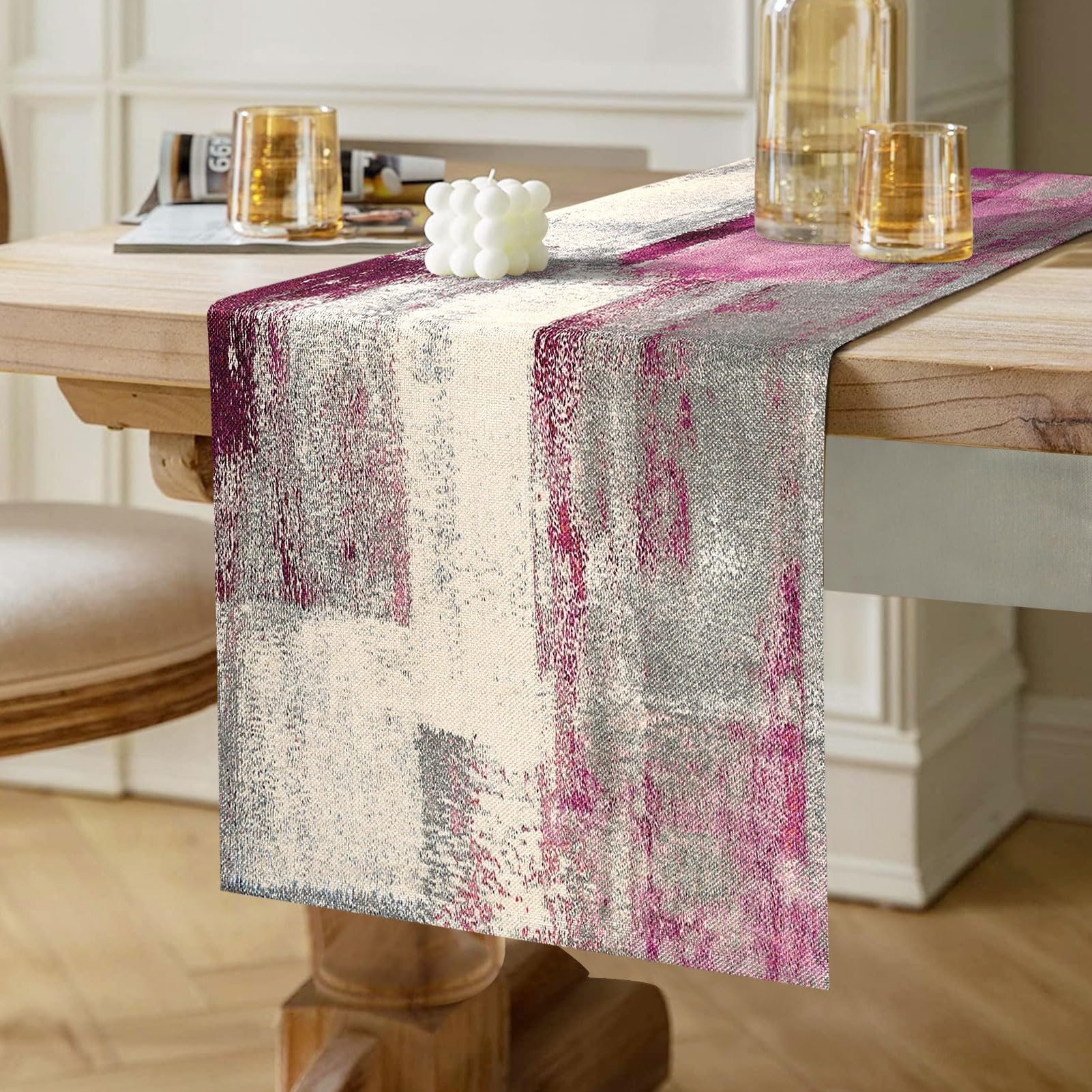 Table Runner Modern Pink and Grey Table Decorations Cotton Linen Boho Decorative Cloth Dining Table Runners for Weddings Party Dinner Holidays Home Party Decor 40 x 140 cm