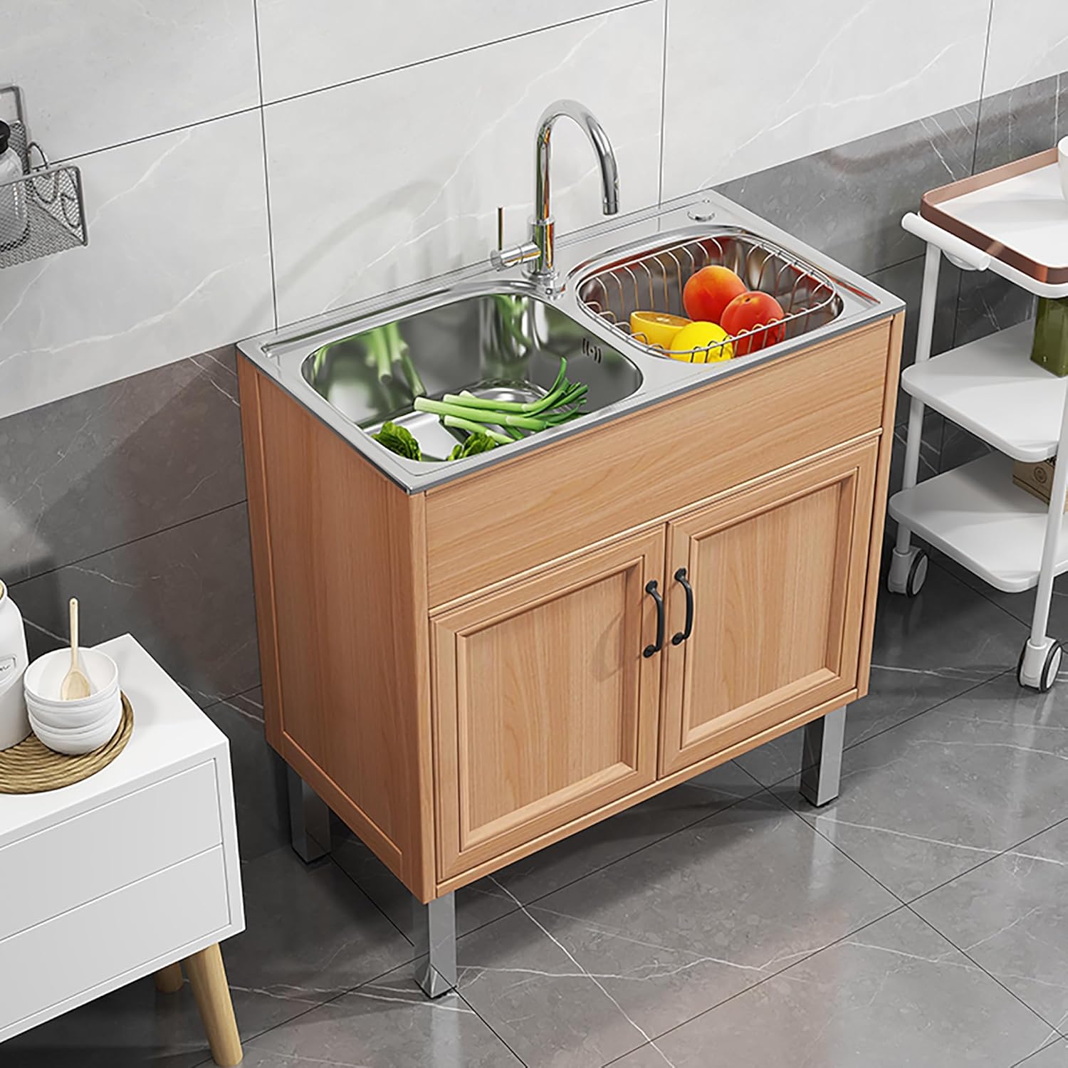 Laundry Sink with Cabinet, Stainless Steel Utility Sinks for A Laundry Room,Freestanding Utility Sink Cabinet, Farmhouse Sink,with Hot and Cold Water Faucet,for Outdoor Indoor Garage (Color : Brown,