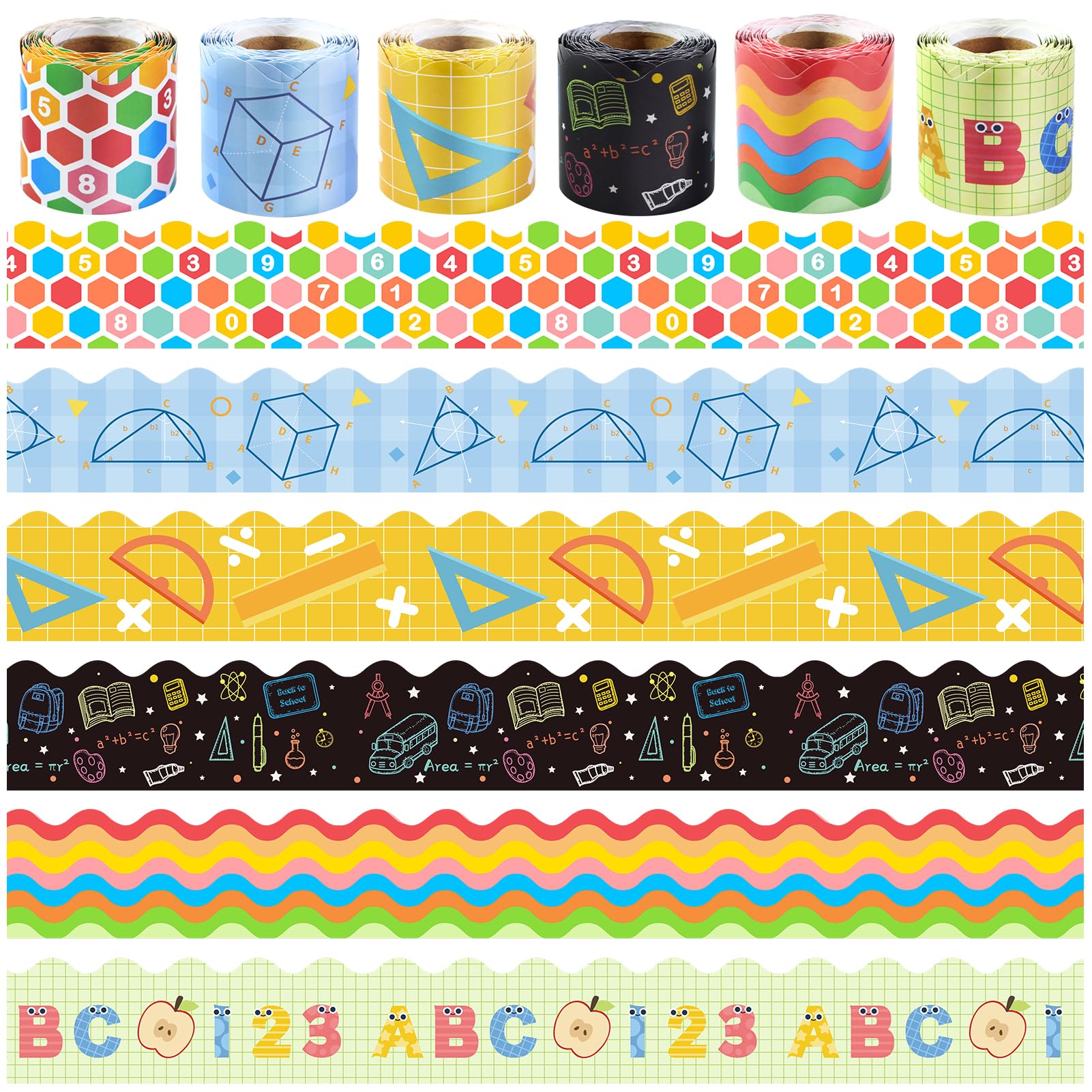 6 Rolls 196.8 Ft Decorative Math Bulletin Board Borders Set – Colorful Classroom Trim – Math Theme Inspired Trim for Home, Classroom, Office & School