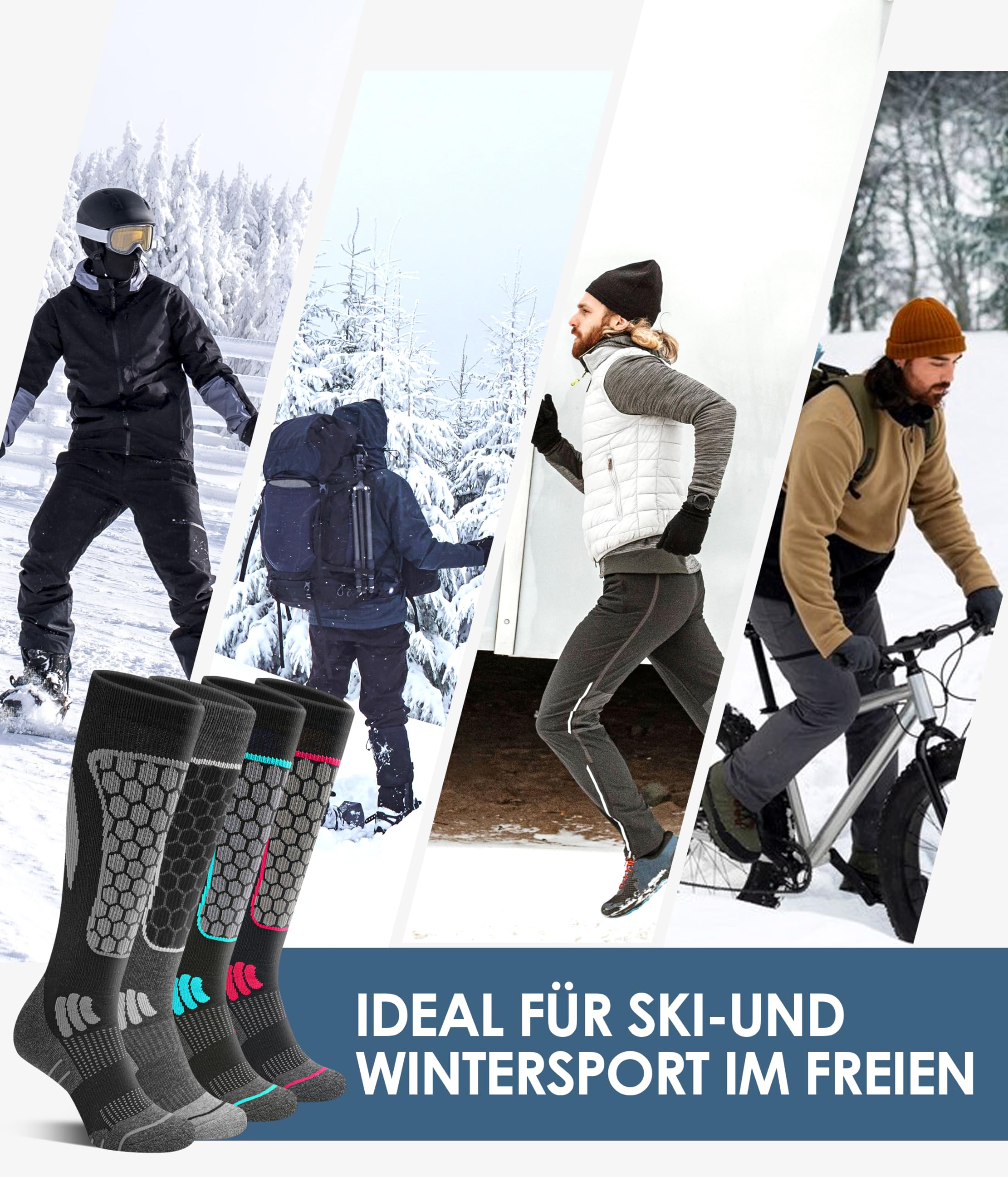 2 Paar Merino Wandersocken Herren Damen, 60% Wollsocken Gepolstert, Thermo Trekkingsocken Winter Warme Socken für Outdoor Sport