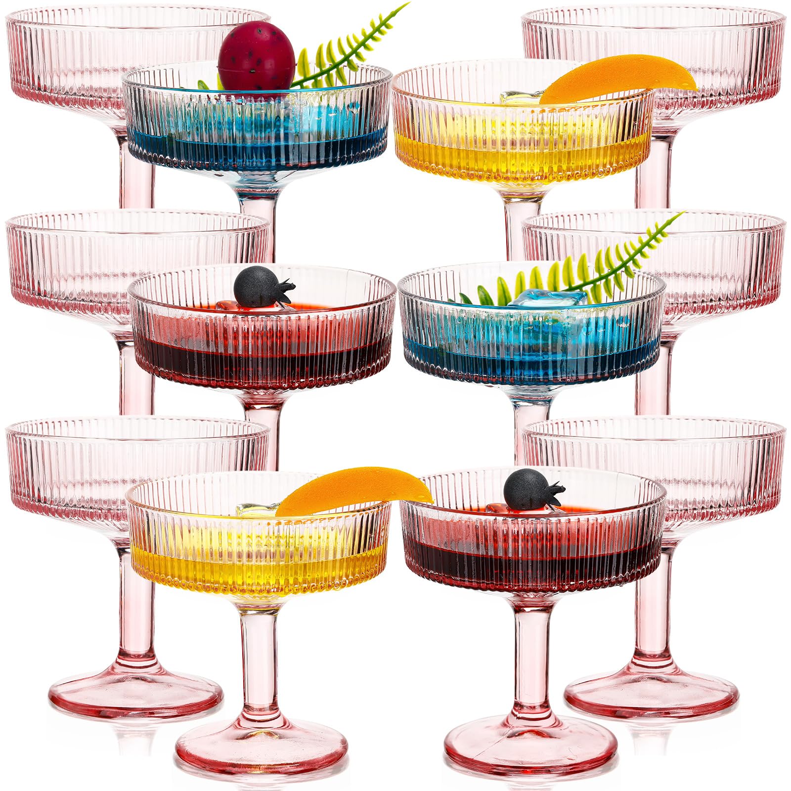 12 pcs ribbed vintage coupe glasses 7 oz martini glasses champagne coupe classic cocktail glassware reusable ribbed glassware for cocktail martini european style (rose red)