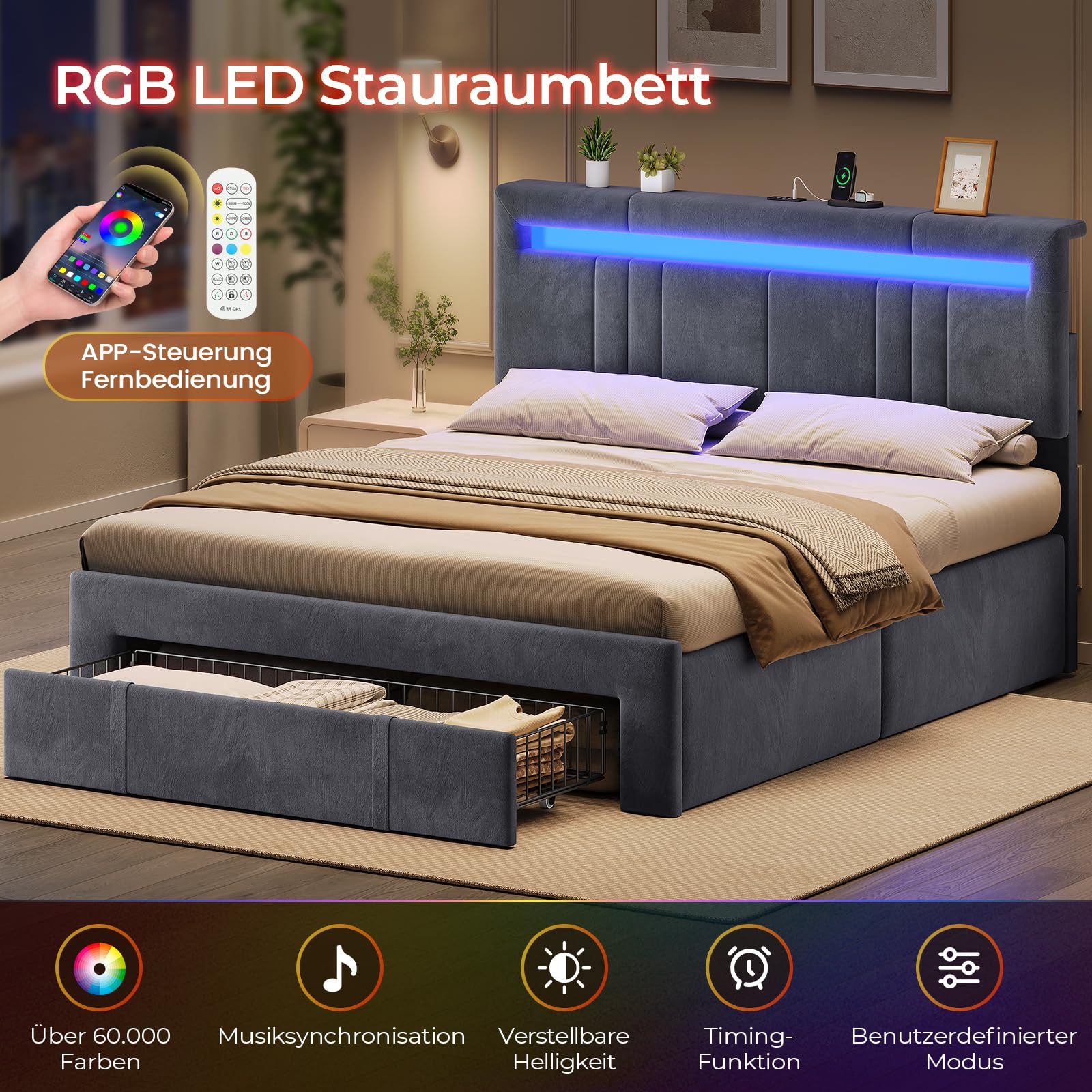 AGOLLATI Letto Matrimoniale con Contenitore 160x200 Letto Contenitore Matrimoniale Con LED Letto Contenitore Idraulico con Stazione Di Ricarica Struttura Letto Matrimoniale Con Testiera Regolabile