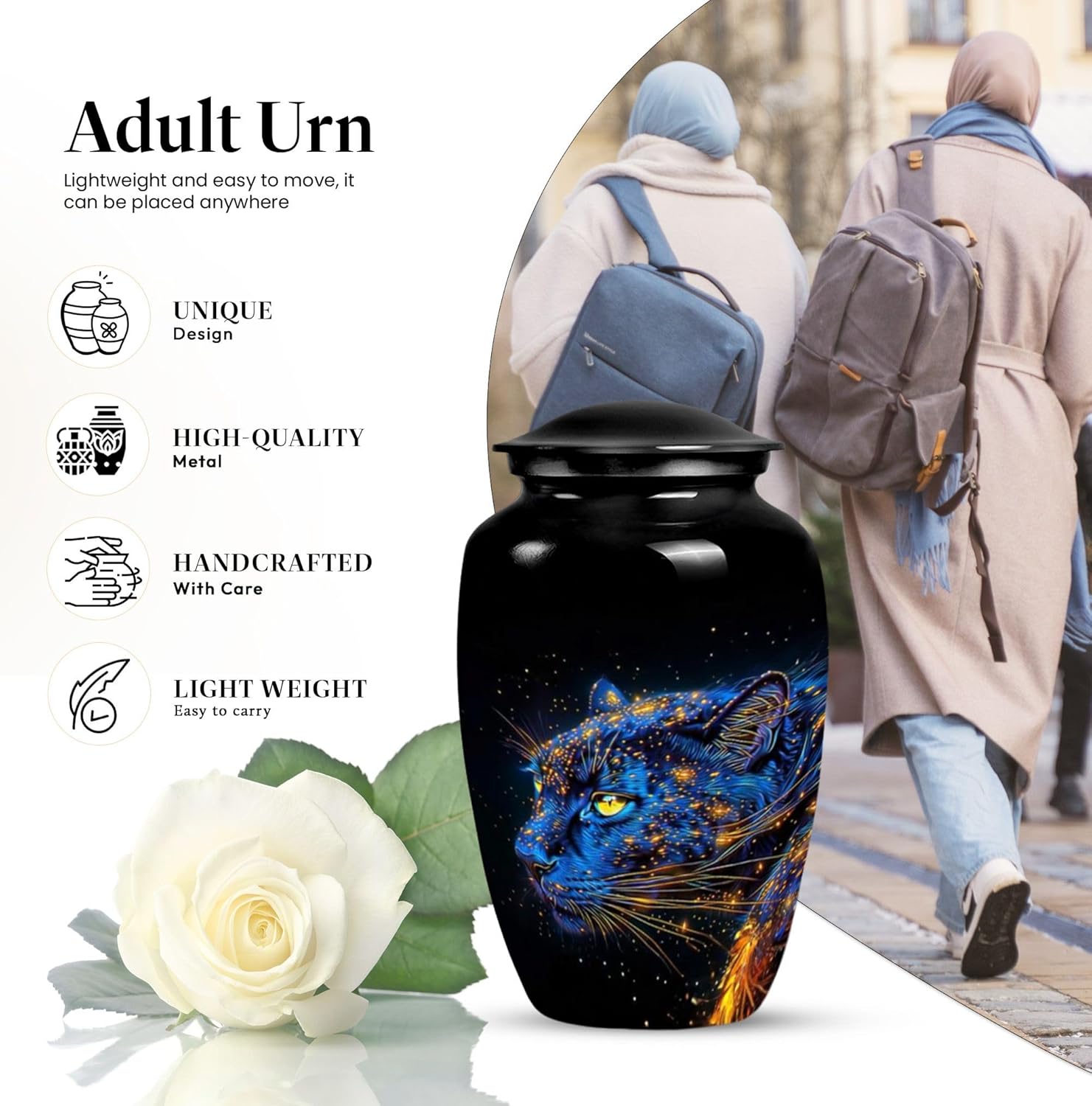 Panther Large Memorial Urns for Human Ashes Adult Man - Black Urns for Adult Male - Funeral Urn for Male & Female - Blue Cremation Urn for Ashes for Women - 10 Inch