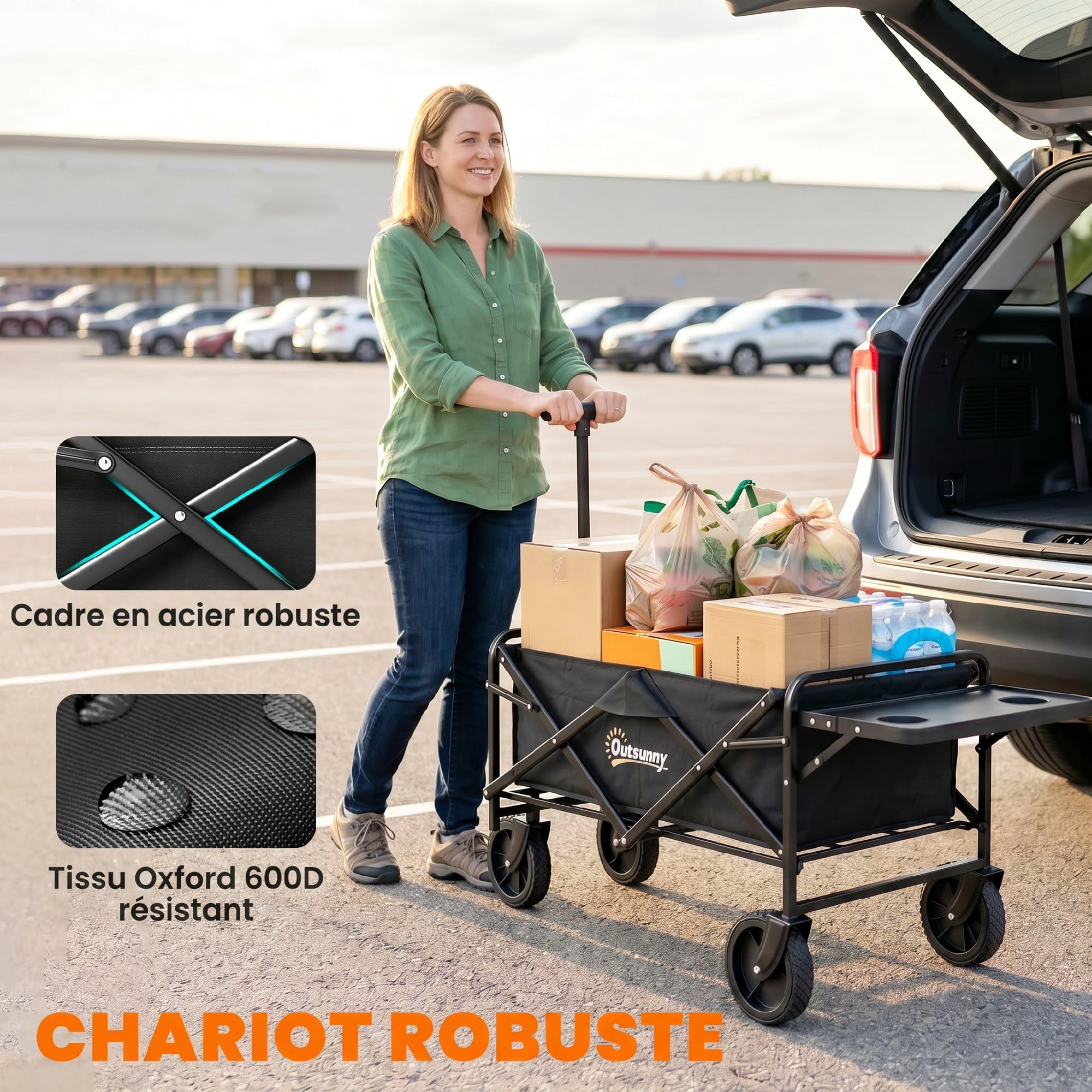 Outsunny Chariot de Transport Pliable, Chariot de Plage 4 Roues Dont 2 Roues Universelles, 140L 100 kg, Poignée Télescopique Inclinaison Réglable Plateau Pliable, pour Plage, Camping, Jardin, Noir