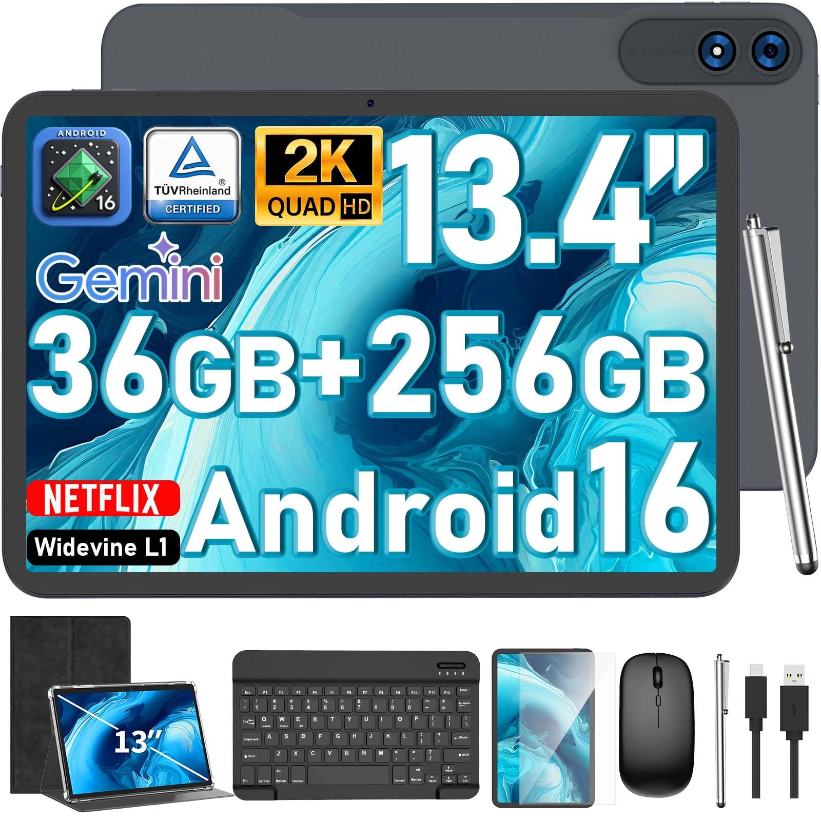 13 Inch Tablet with Keyboard - Android 16 Tablet - 36GB+256GB+2TB (Black) | 2K 1920x1200 IPS, T615 Octa-Core, Gemini AI, 1000