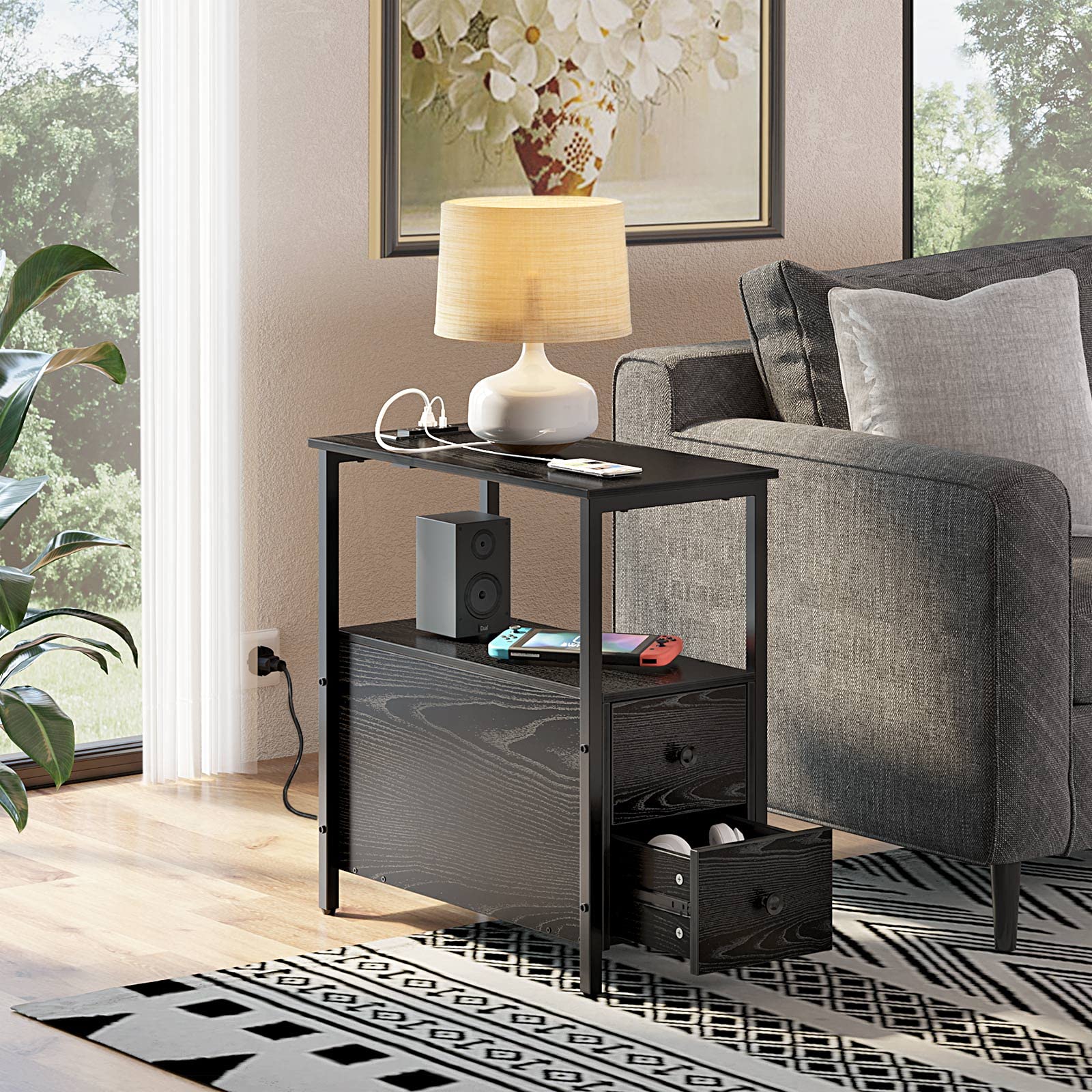 Rolanstar End Table with Charging Station, Narrow Side Table with 2 Wooden Drawers and USB Ports & Power Outlets, Nightstand Sofa Table for Small Spaces, Living Room, Bedroom, Black