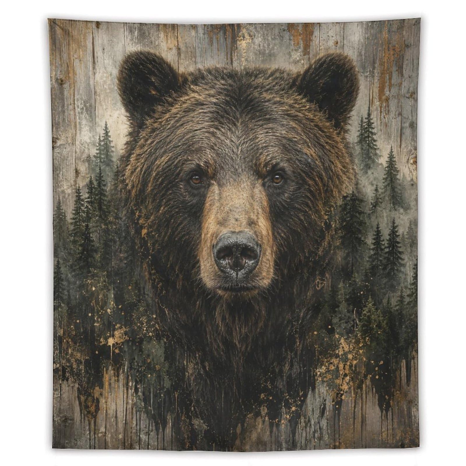 W7C8U2X3 Brown Bear Pine Forest Wall Tapestry, Realistic Illustration
