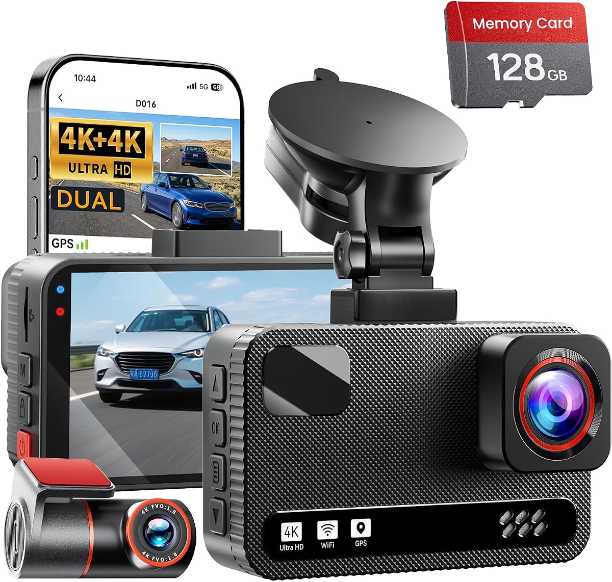 Front 4K + Rear 4K Dual Dash Cam Front and Rear，Free 128GB Card | Dual-Channel Recording, 5.8G Wi-Fi, GPS, Starlight Night Vision, 3" IPS Screen, Collision Sensor, 24H Parking Mode（Black）