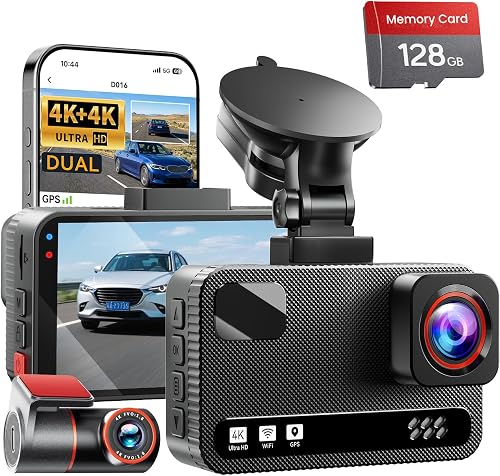 Front 4K + Rear 4K Dual Dash Cam Front and Rear，Free 128GB Card | Dual-Channel Recording, 5.8G Wi-Fi, GPS, Starlight Night Vision, 3" IPS Screen, Collision Sensor, 24H Parking Mode（Black） - 80% off