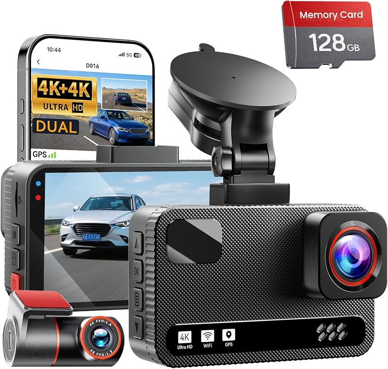 Front 4K + Rear 4K Dual Dash Cam Front and Rear，Free 128GB Card | Dual-Channel Recording, 5.8G Wi-Fi, GPS, Starlight Night Vision, 3" IPS Screen, Collision Sensor, 24H Parking Mode（Black）