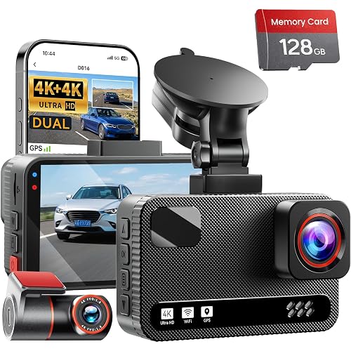 4K+4K Dual Dash Cam Front and Rear, Free 128GB Card, Starlight Night Vision