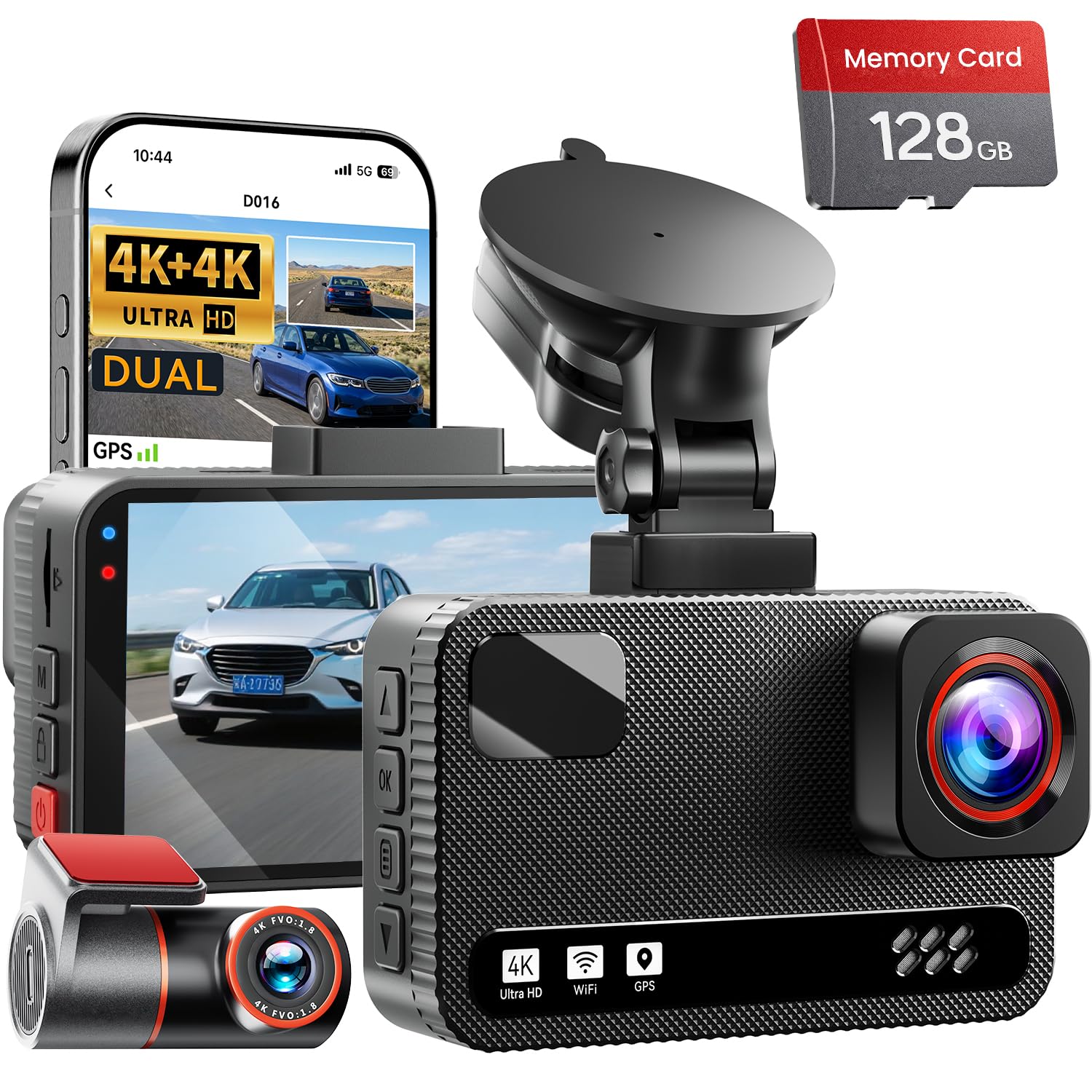 Front 4K + Rear 4K Dual Dash Cam Front and Rear，Free 128GB Card | Dual-Channel Recording, 5.8G Wi-Fi, GPS, Starlight Night Vision, 3" IPS Screen, Collision Sensor, 24H Parking Mode（Black）