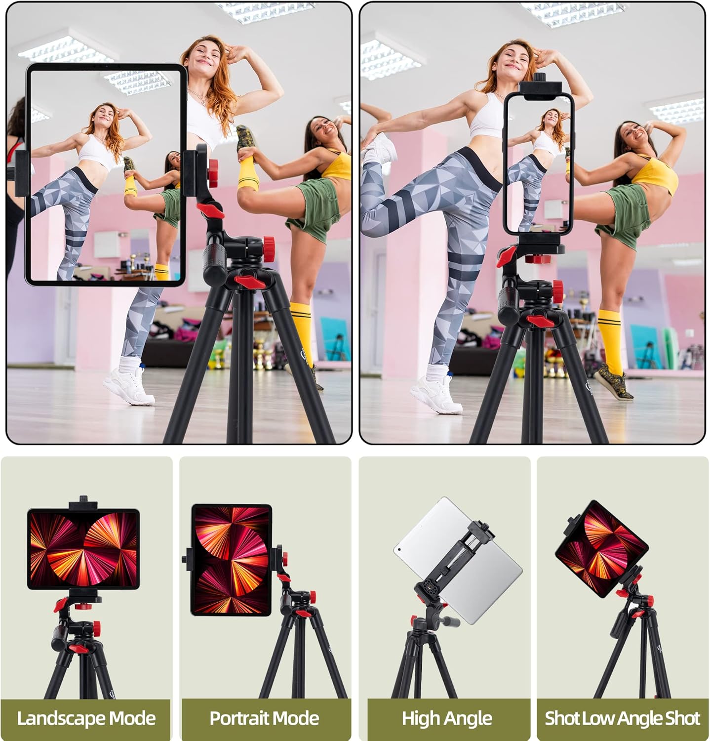 Tablet Tripod 53 inch Aluminum Tablet & Phone Tripod for iPad Pro/iPhone, Lightweight Travel Stand with Wireless Remote & Bag(Red)