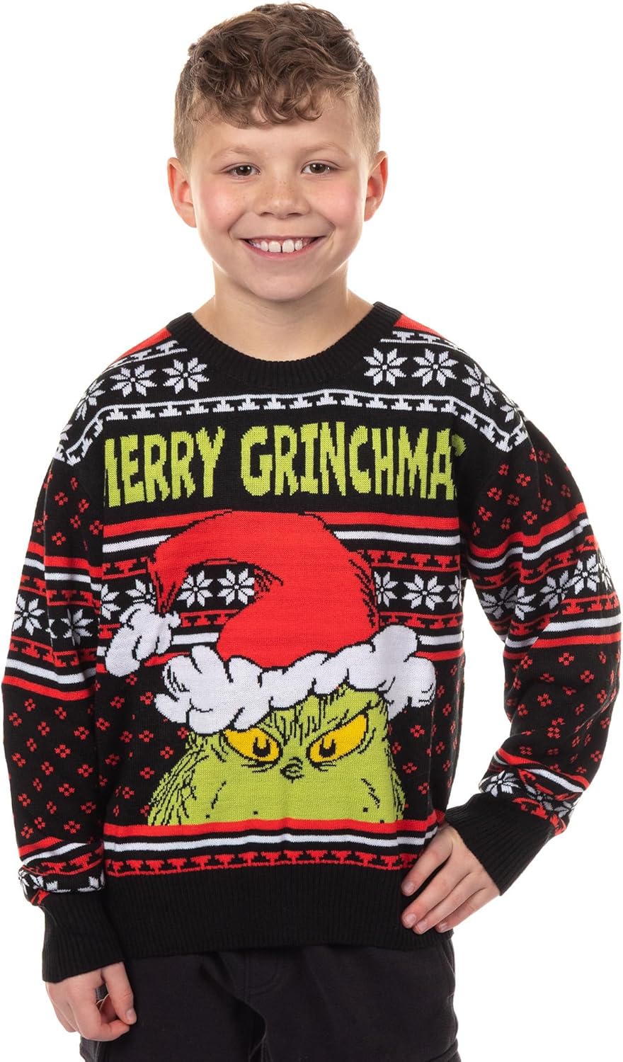 Dr. Seuss The Grinch Ugly Sweater for Christmas Kid's Merry Grinchmas Knit Pullover