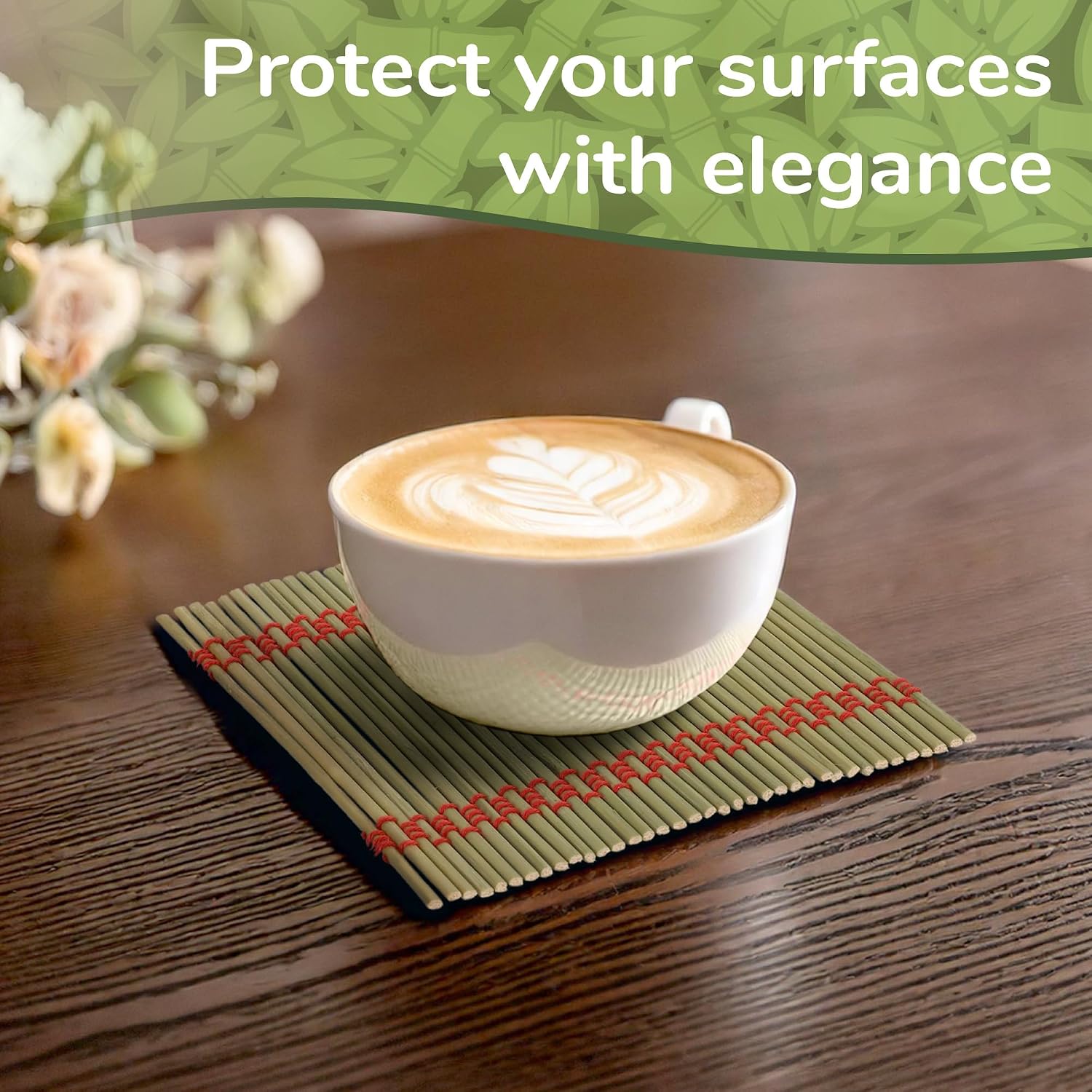 BambooMN Premium Bamboo Matchstick Coasters - 4.25" x 4.25" - Green - 12 Pieces