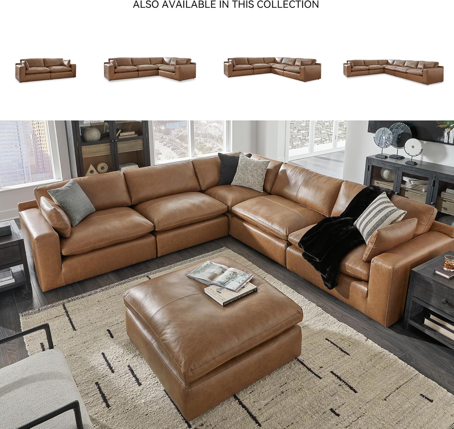 Signature Design by Ashley Emilia Modern Leather Match 2-Piece Sectional Loveseat with Loose Back Cushions and 2 Bolster Pillows, Light Brown