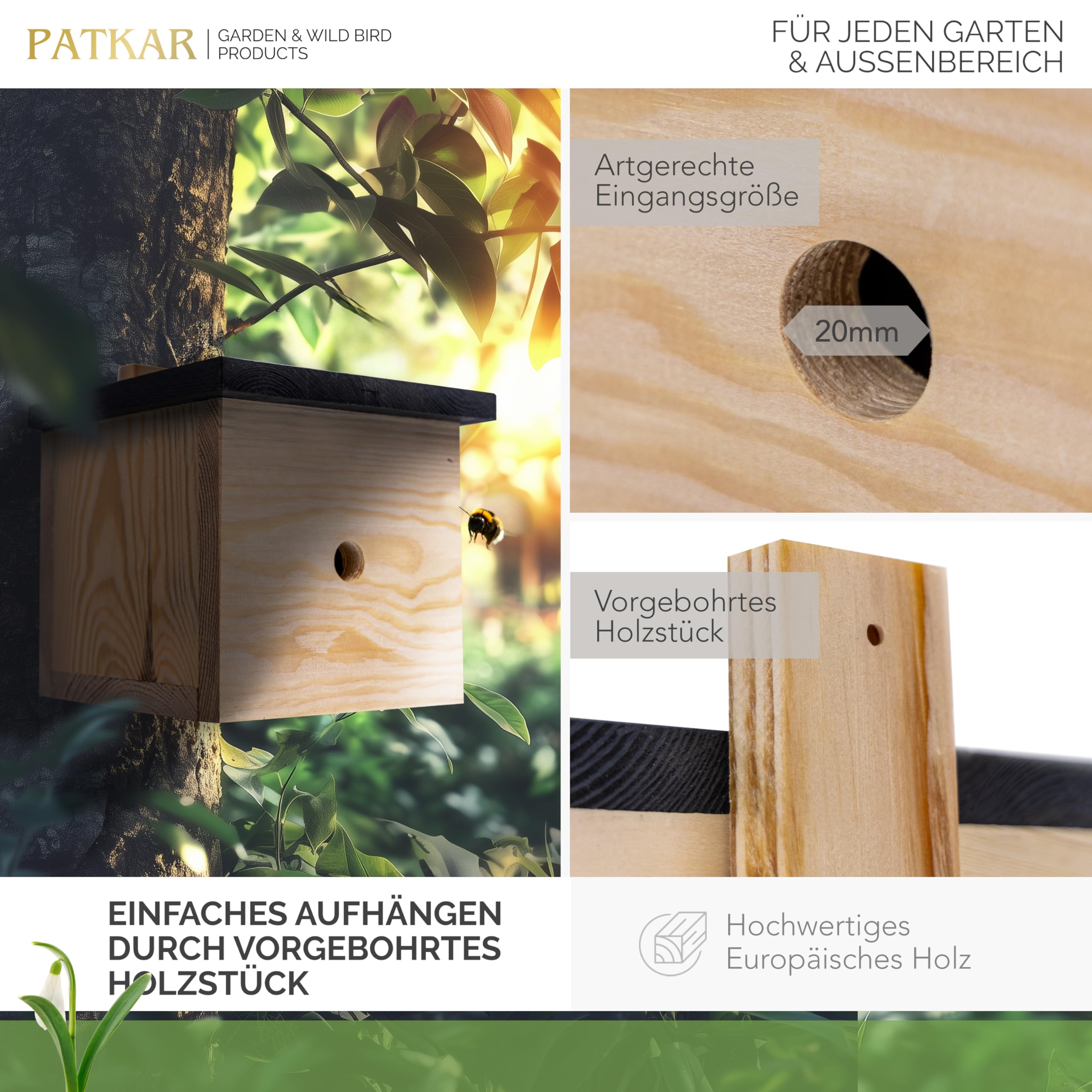 PATKAR® Hummelhaus Hummelkasten [EXTRA STABIL] - Insektenhotel Bienenhotel wetterfest & windfestes Kiefernholz (Made in Europe) - Wildbienenhotel Bienenhaus für den Garten - Gebrauchsfertig montiert