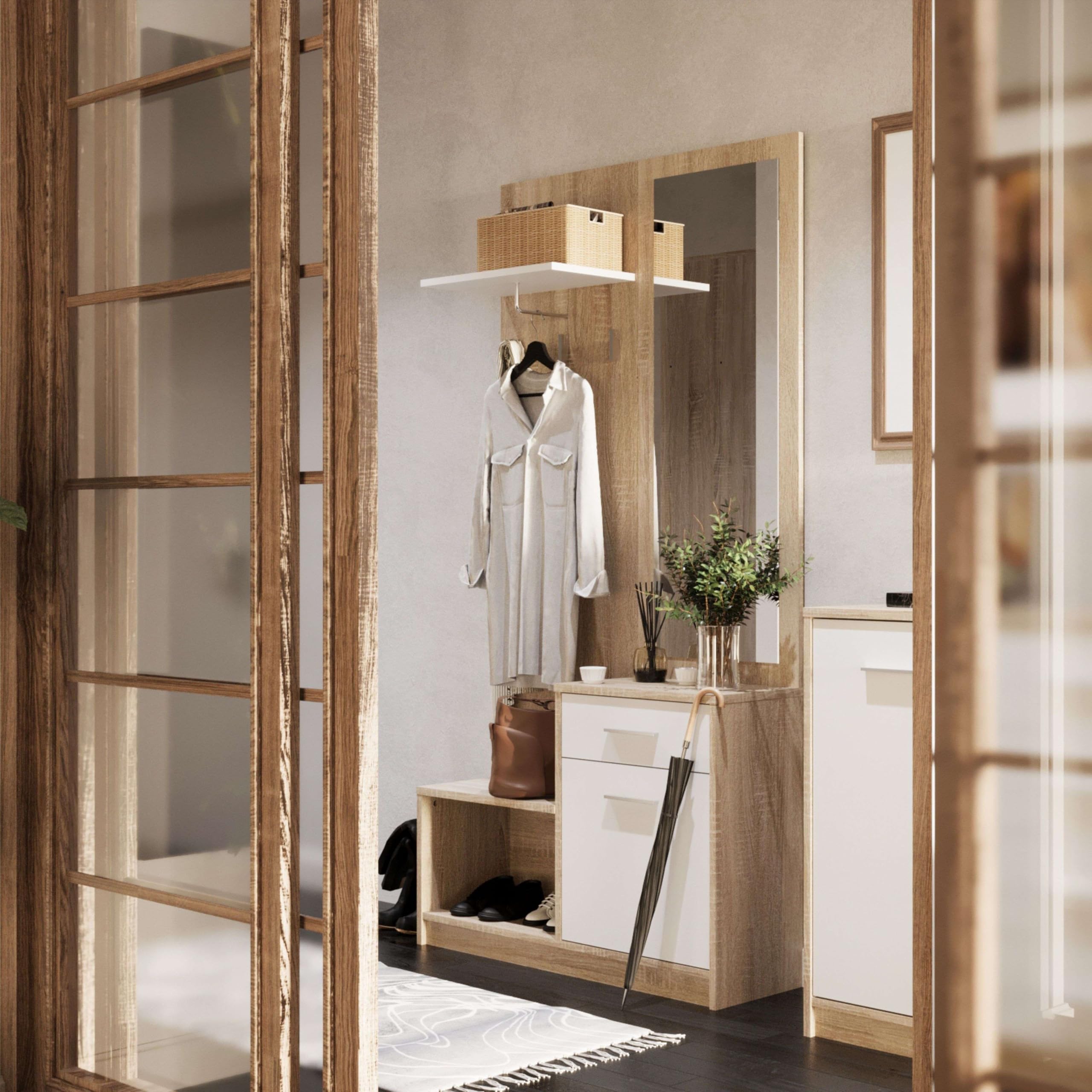 Miroytengo Mueble Recibidor con Espejo Sett 1 Cajon 1 Puerta 1 Estante 1 Hueco Abierto Color Blanco y Roble Cambrian 90 cm