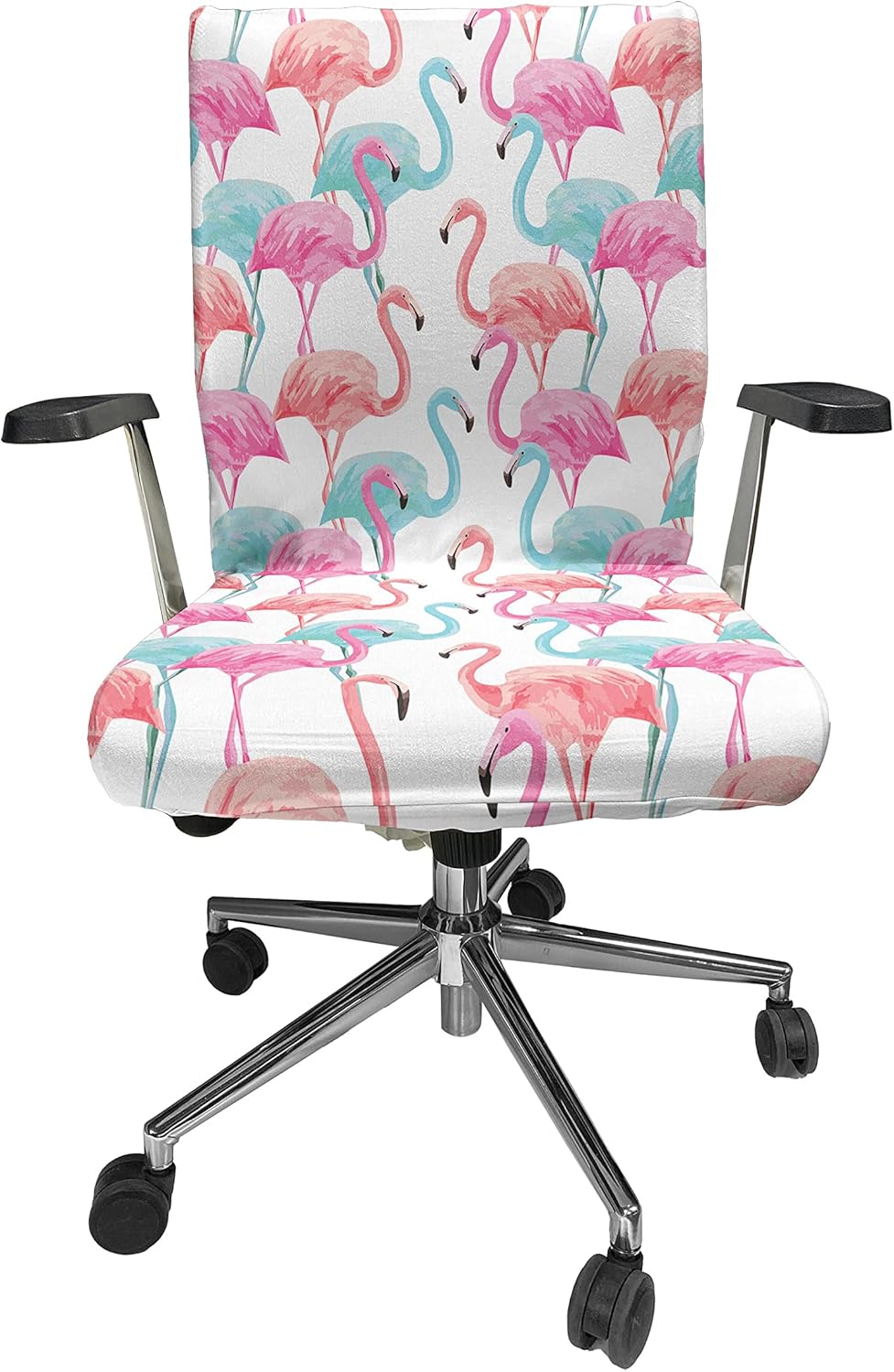 Ambesonne Watercolor Office Chair Cover, Flamingos in Many Colors Hand Drawn Bird Exotic Animals Illustration, Stretchable Decorative Universal Size High Back Printed Slipcover, Baby Blue