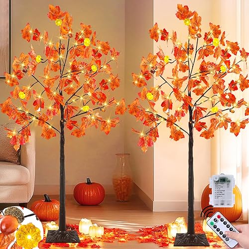 Miniatura 7 de Control remoto y temporizador, decoración de otoño, paquete de 2 unidades, árbol de arce artificial preiluminado de otoño de 4 pies para el hogar,