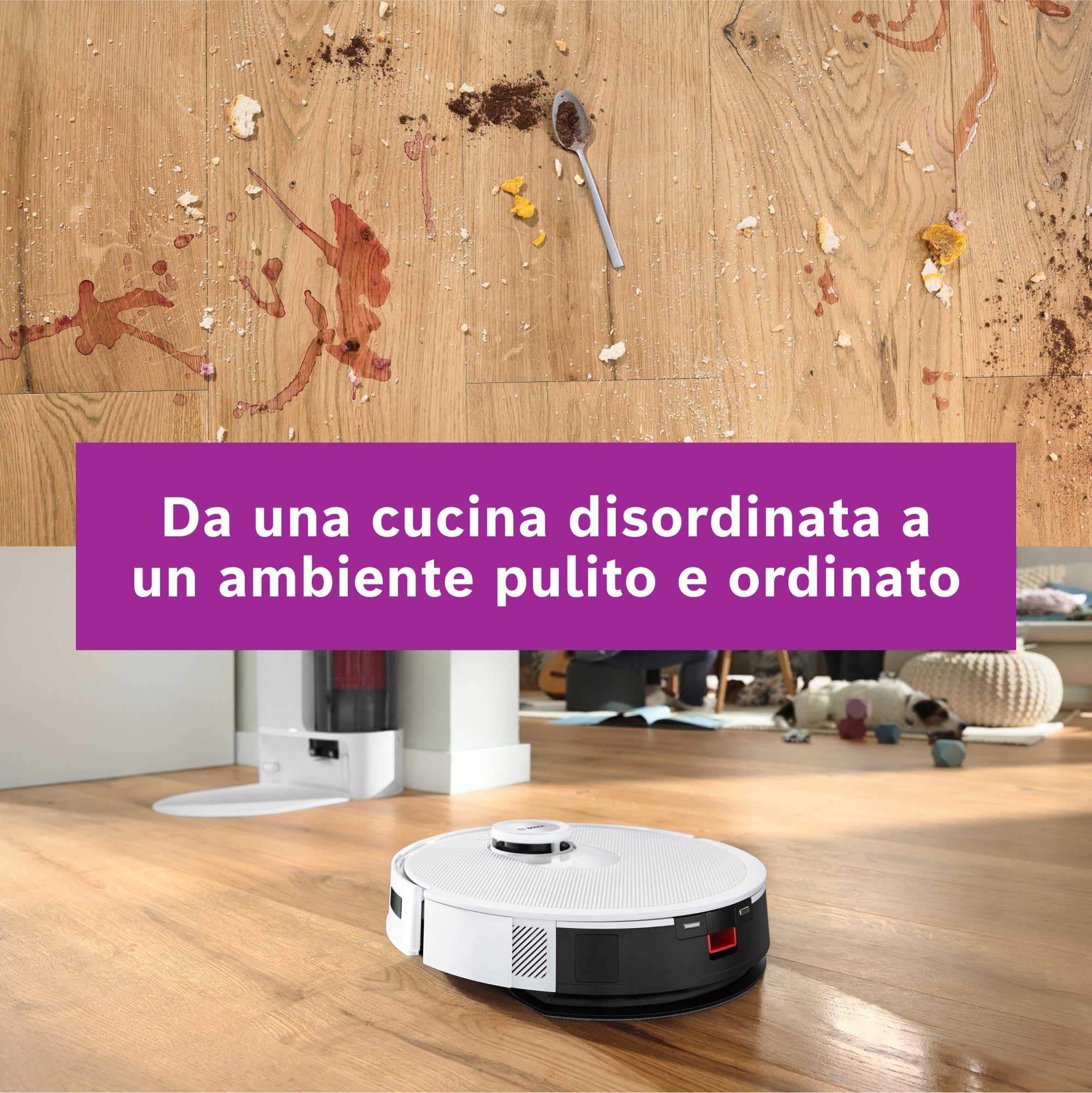 Bosch Spotless+Robot Aspirapolvere e Lavapavimenti,Potenza 11.000Pa,Panno Lavapavimenti Statico,Stazione di ricarica con autosvuotamento,Navigazione Infrarossi Smart Vision,AppBosch HomeConnect,Bianco