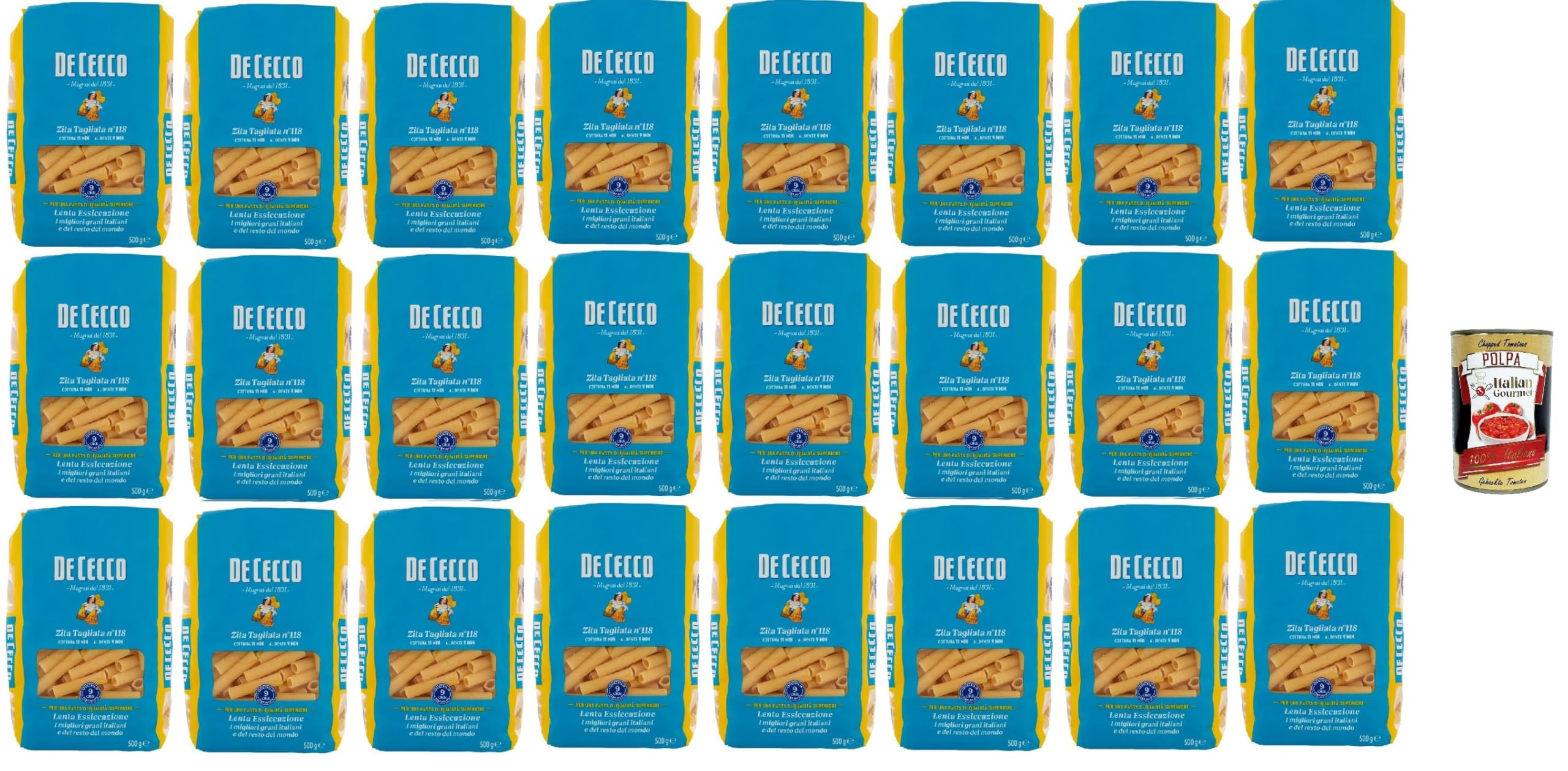 De Cecco Zita Tagliata n°118, pasta de trigo duro 24 x 500 g - secado lento ~9 h, textura firme - cocción 11 min (al diente 9 min) - Fabricado en Italia + Italian Gourmet Polpa 400 g