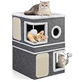 Shikha 2-Storey Cat Houses for Indoor Cats, Dual-Purpose Double Large Cat Beds Cave with Hideaway Condos, Scratch Pads, Fluffy Balls, Foldable Indoor Cat Cube House for Multi Small Pets Kitten, Grey