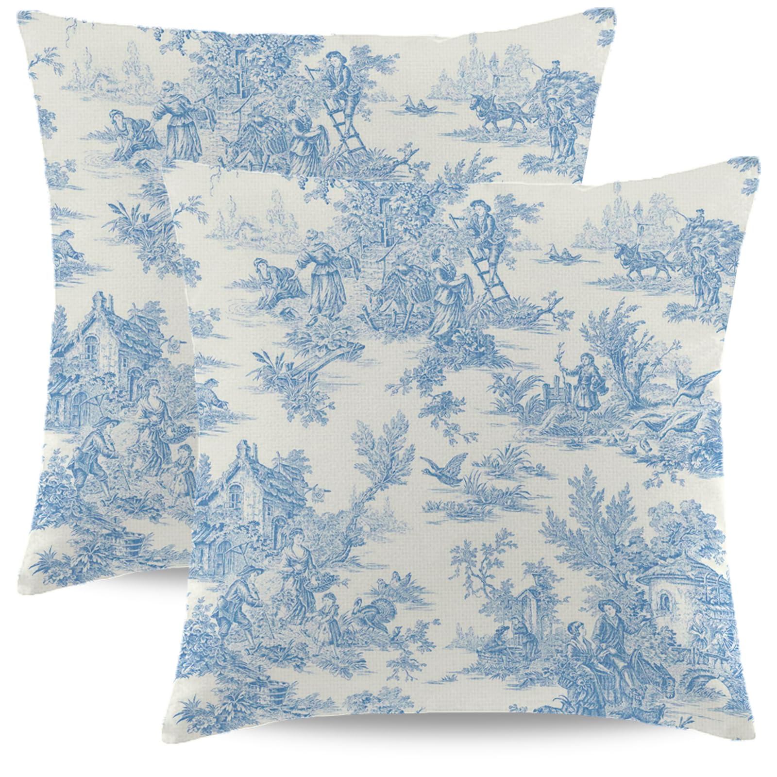 Wsunsal Blue Toile Pillow Covers 16x16 Inch Set of 2 Vintage French Country Throw Pillow Cover Farmhouse Square Linen Cushion Cover Decor for Home