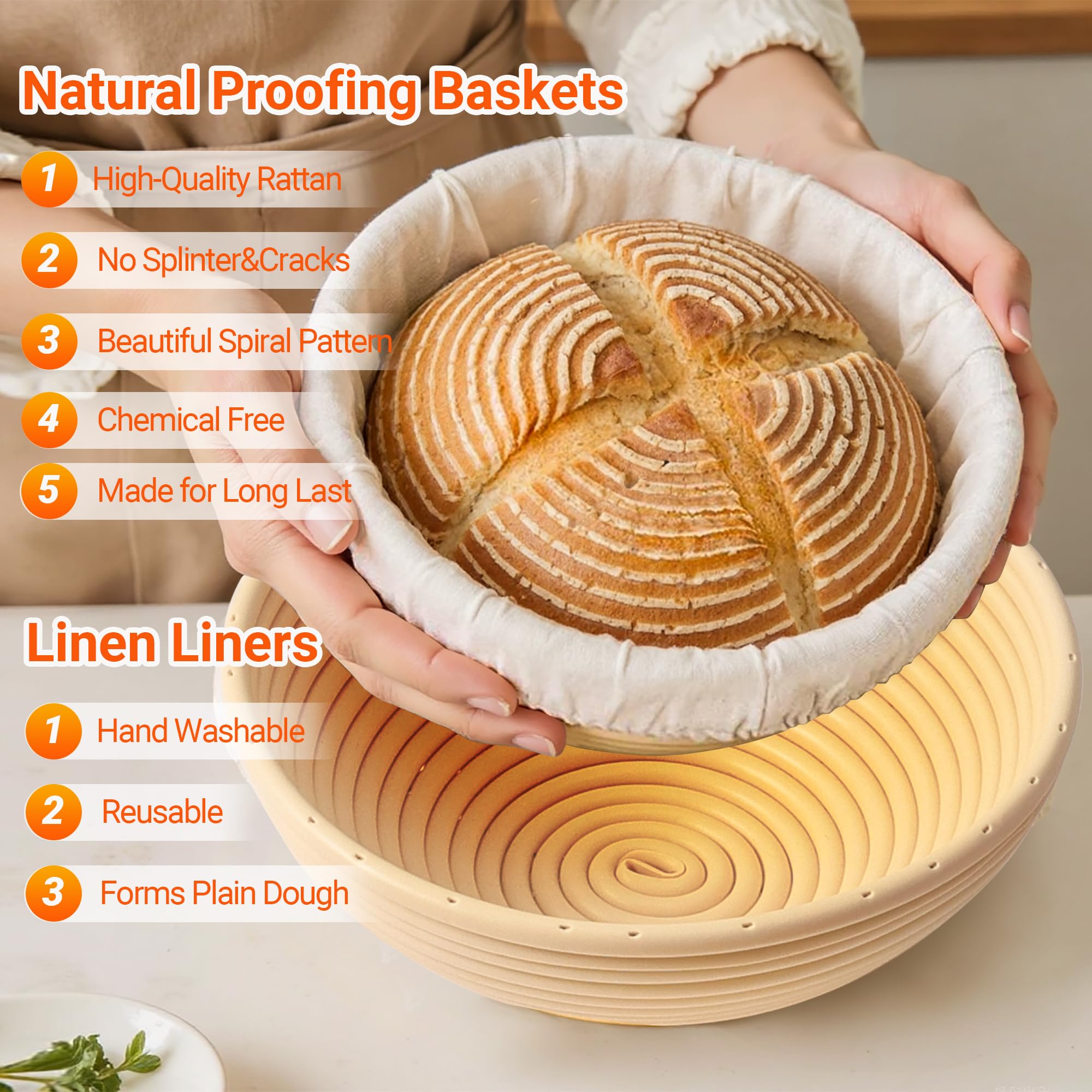 Banneton Runde ovale Brotkörbe mit Einlagen und Abdeckungen, Brot, Käsepaste, Pinsel, Schüsselschaber und Edelstahlschaber zum Backen