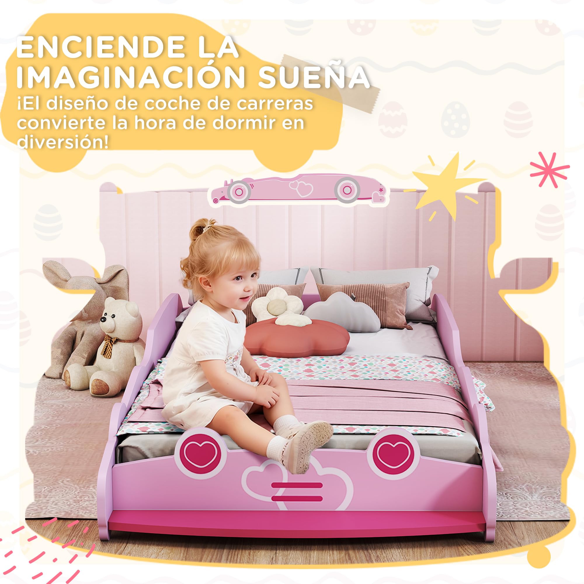 AIYAPLAY Cama Infantil 70x140 cm Forma de Coche con Somier y Barrera Rosa