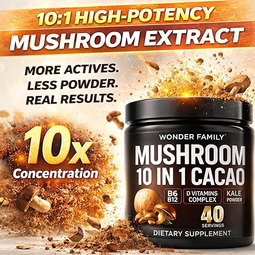 Miniatura 4 de Instant Mushroom Powder 10:1 – Cordyceps Mushroom Supplement with Reishi, Chaga & Shiitake – Caffeine-Free Nighttime Drink with B6, B12, D +