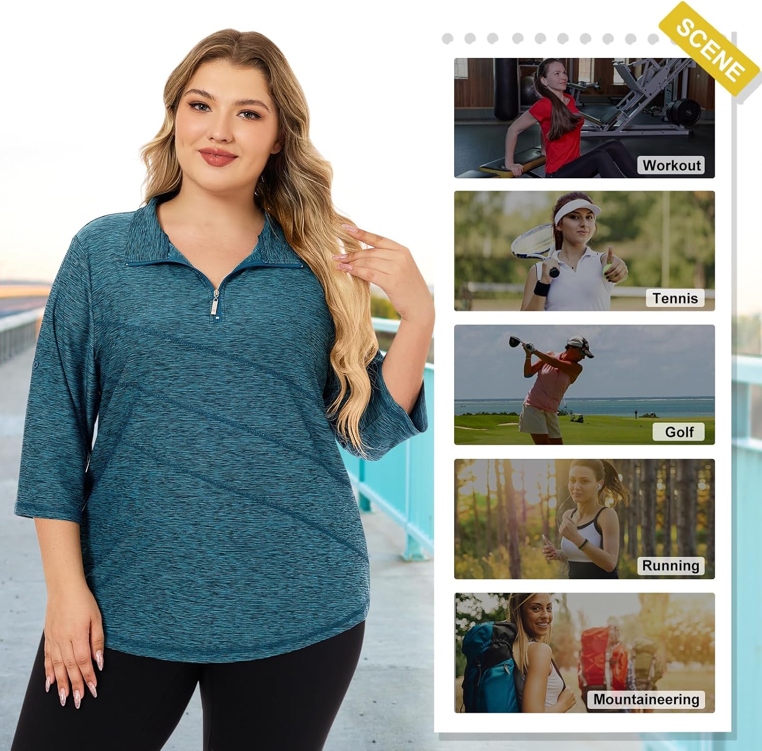 Koscacy Women's Plus Size 3/4 Sleeve Golf Tennis Polo Shirts Zip Up Dry Fit UPF 50+ Adjust Workout Tops Athletic Shirt - Image 4