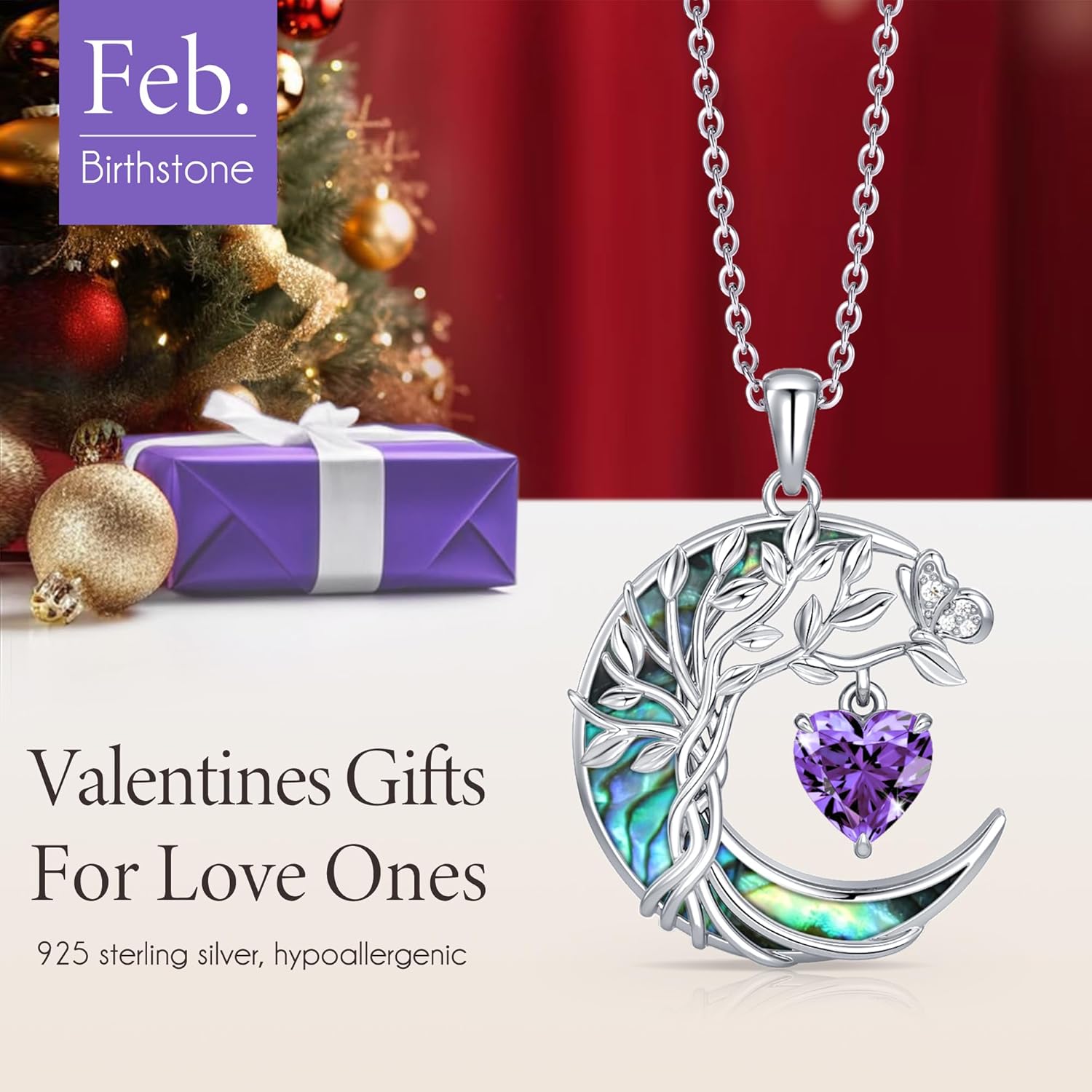 Distance Tree of Life Birthstone Necklace for Women, S925 Sterling Silver Premium Abalone Shell Moon Pendant, Heart Birthstone Necklace Christmas Anniversary Jewelry Birthday Gifts for Her Mom Wife - Image 2